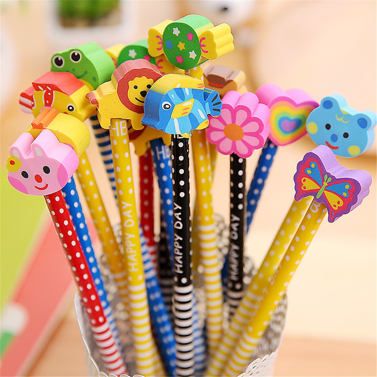 Yansanido 40 Pcs Colorful 7.28 Inch Length Random Cartoon Eraser Pencils, Cute Pencils For Office, School Supplies Students Chil