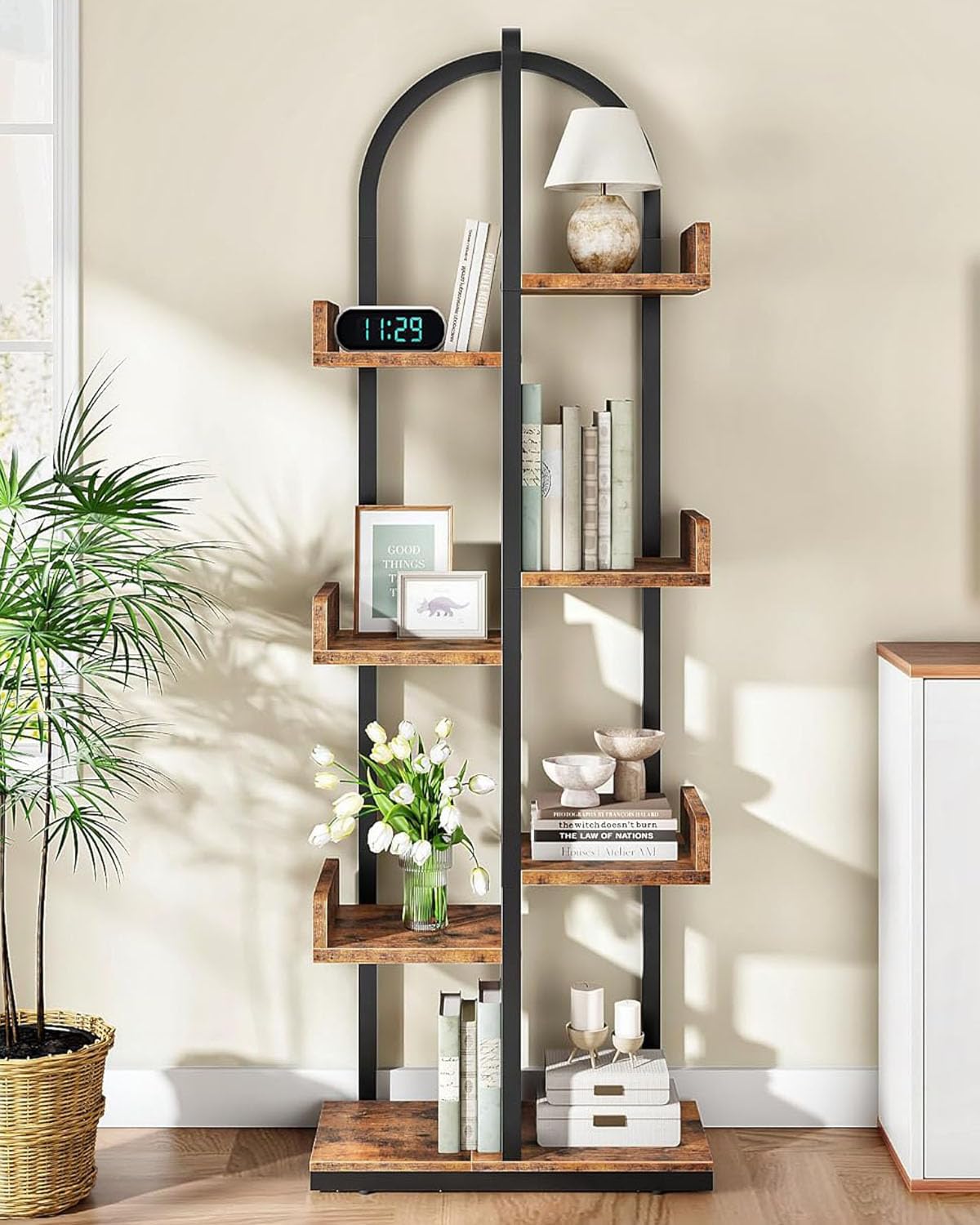 CHOEZON Corner Bookshelf, Curved 6Tier Bookcase with AntiTip Kit, Adjustable Feet and Staggered Shelves for Living Room, Bedro
