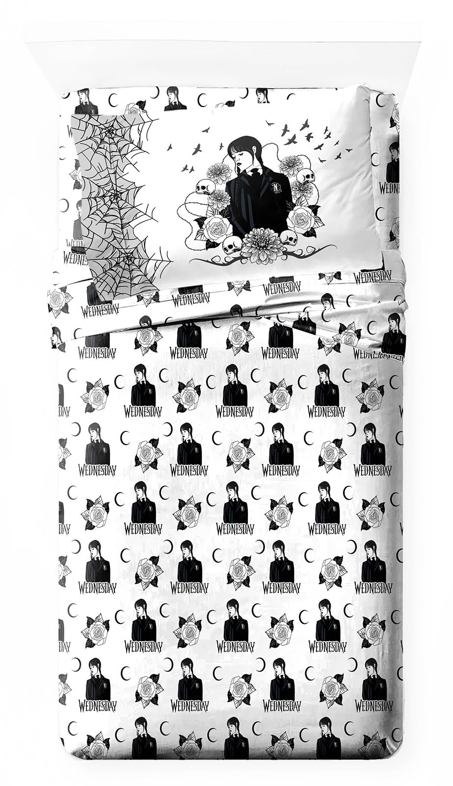 Jay Franco Wednesday Addams Twin Sheet Set - Super Soft Kids 4 Piece Bedding Set - Webs And Skulls Microfiber Sheets Includes Re