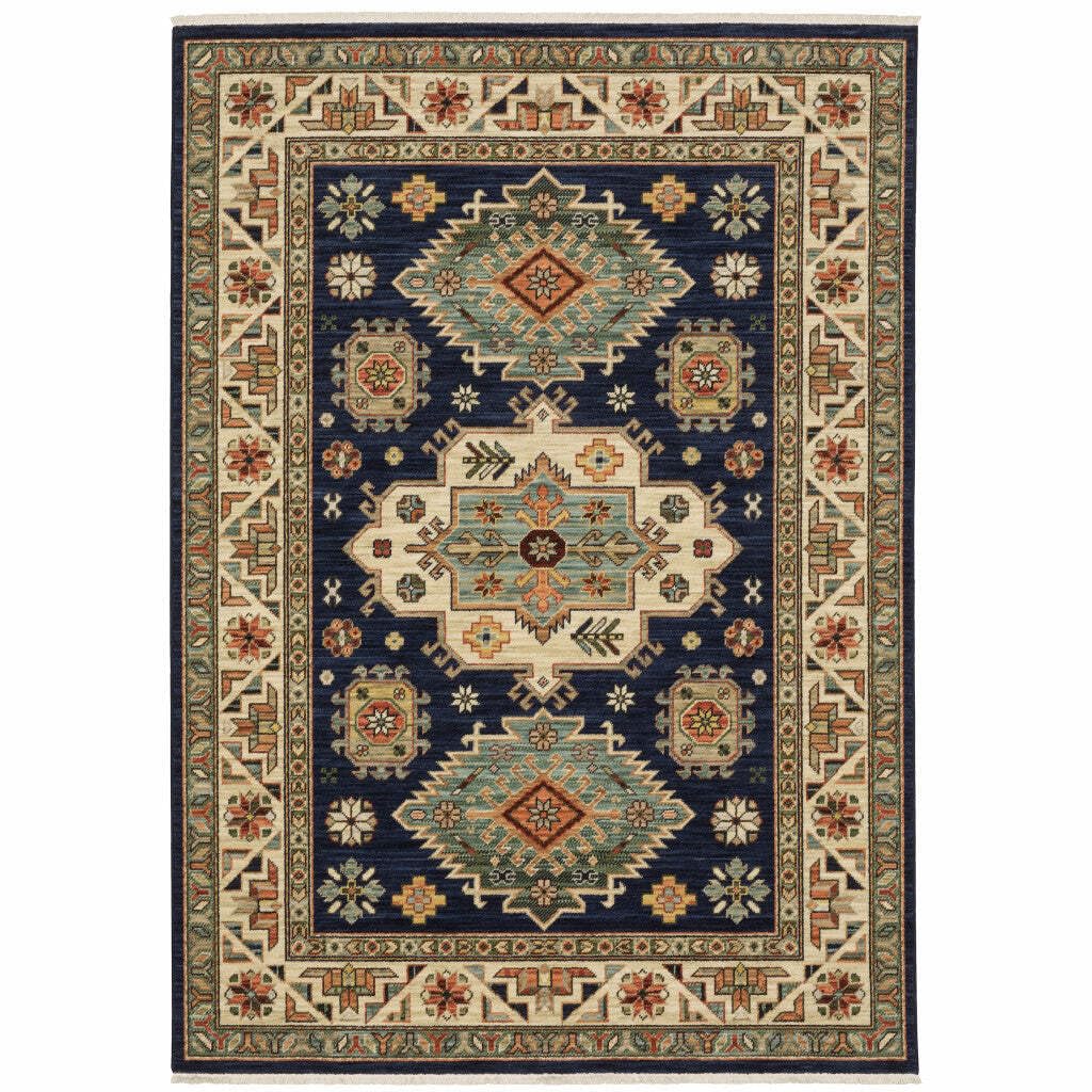 HomeRoots 509237 6 x 9 ft. Navy Charcoal Orange Rust Gold Pale Blue Olive Beige & Salmon Oriental Power Loom Stain Resistant Rectangle Area Rug with Fringe