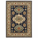 HomeRoots 509237 6 x 9 ft. Navy Charcoal Orange Rust Gold Pale Blue Olive Beige & Salmon Oriental Power Loom Stain Resistant Rectangle Area Rug with Fringe