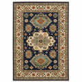 HomeRoots 509237 6 x 9 ft. Navy Charcoal Orange Rust Gold Pale Blue Olive Beige & Salmon Oriental Power Loom Stain Resistant Rectangle Area Rug with Fringe