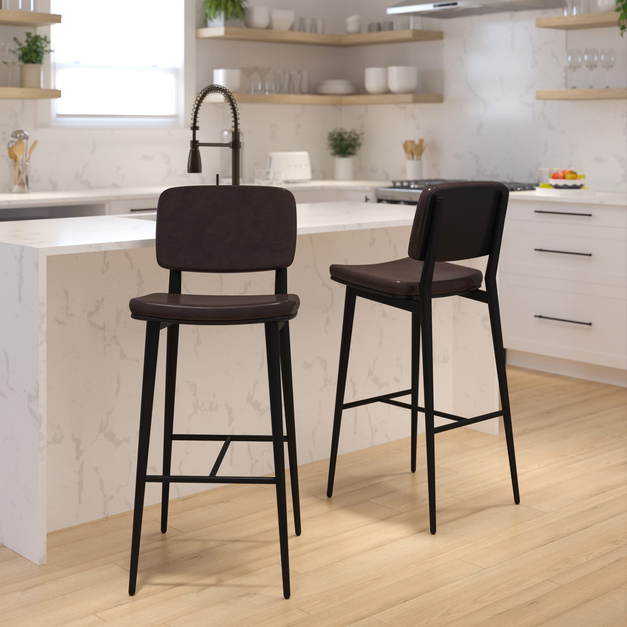Flash Furniture Kenzie Commercial Grade Mid-Back Barstools - Brown LeatherSoft Upholstery - Black Iron Frame with Integrated Footrest - Set of 2