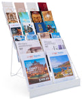 Displays2go Wire Magazine Rack with 6 Open Tiers, Holds Both Magazines and Brochures, Includes Sign Channel at the Front - White