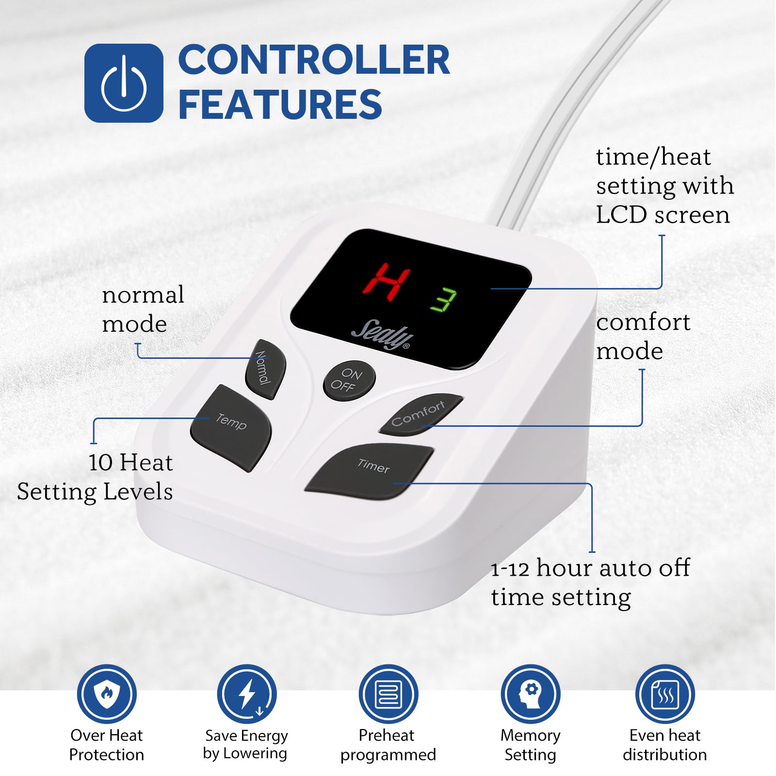 Sealy Heated Mattress Pad Full Size With 10 Heated Settings | Electric Mattress Pad Bed Warmer 54''X75'' | Auto Shut Off 1-9 Hou