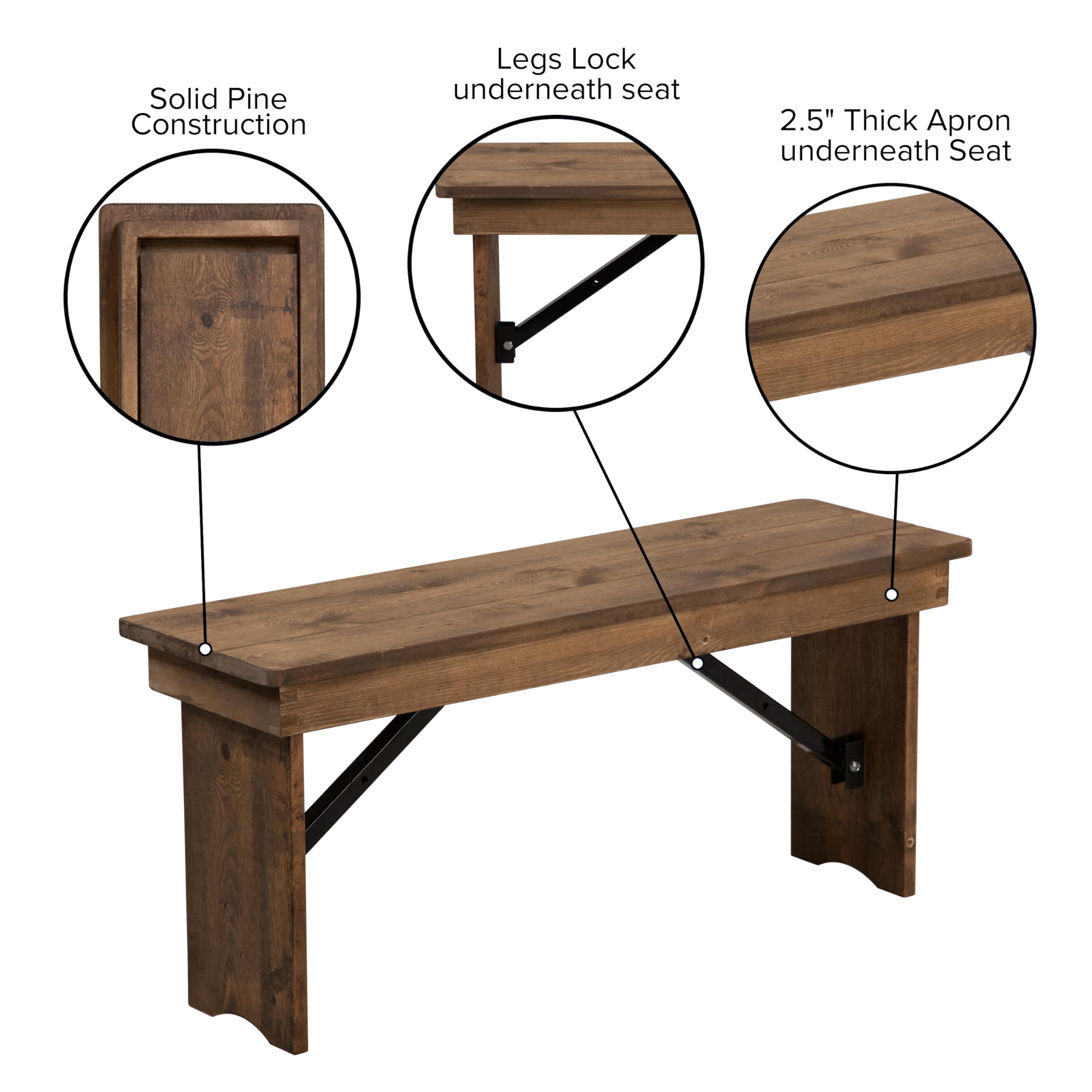 Flash Furniture Hercules Series 40" X 12" Commercial Grade Rustic Solid Pine Folding Bench, Antique Farmhouse Dining Bench, Seats Up To 2 Adults