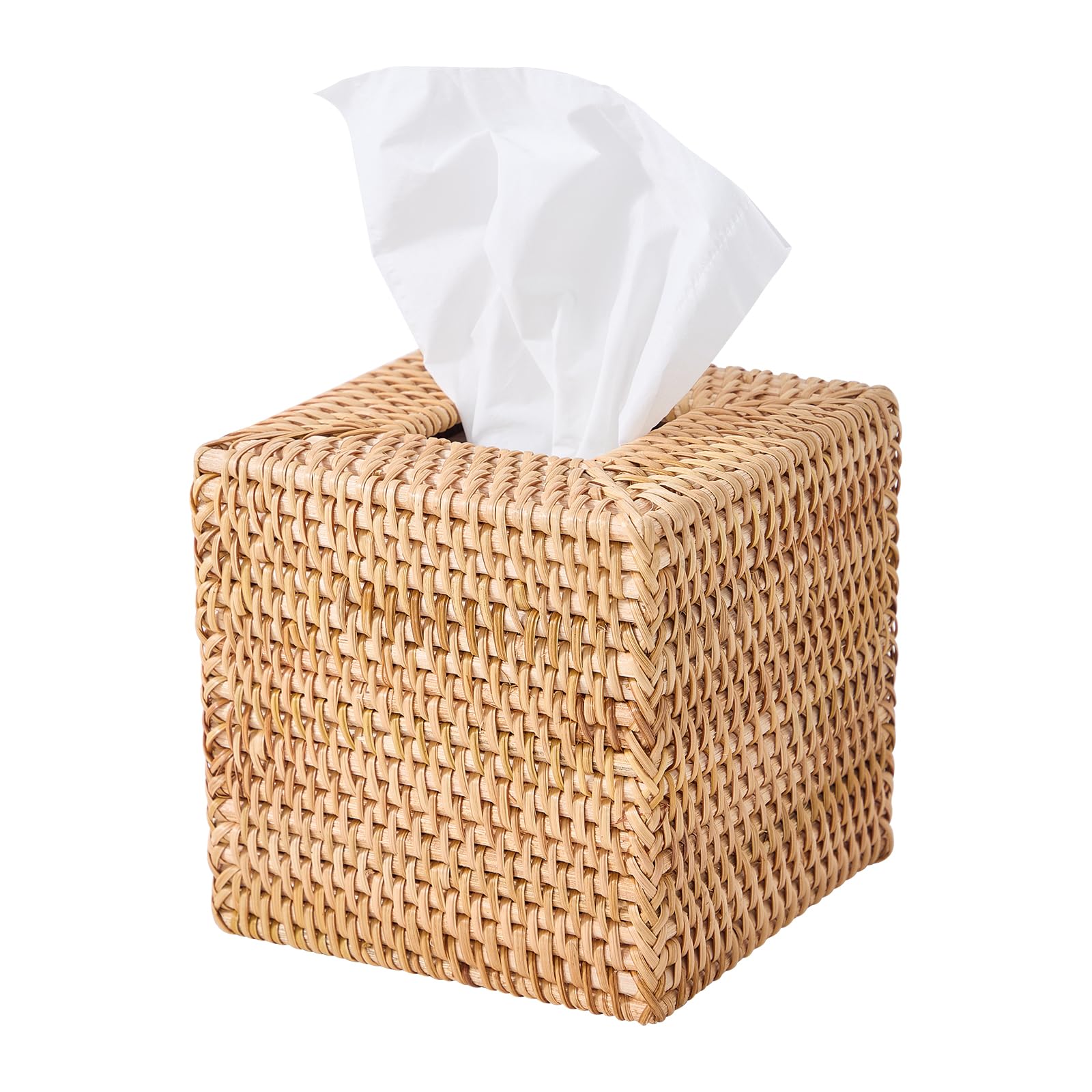 Hand-Woven Rattan Tissue Box Cover, Square Wicker Tissue Holder, Natural Woven Facial Napkin Holder