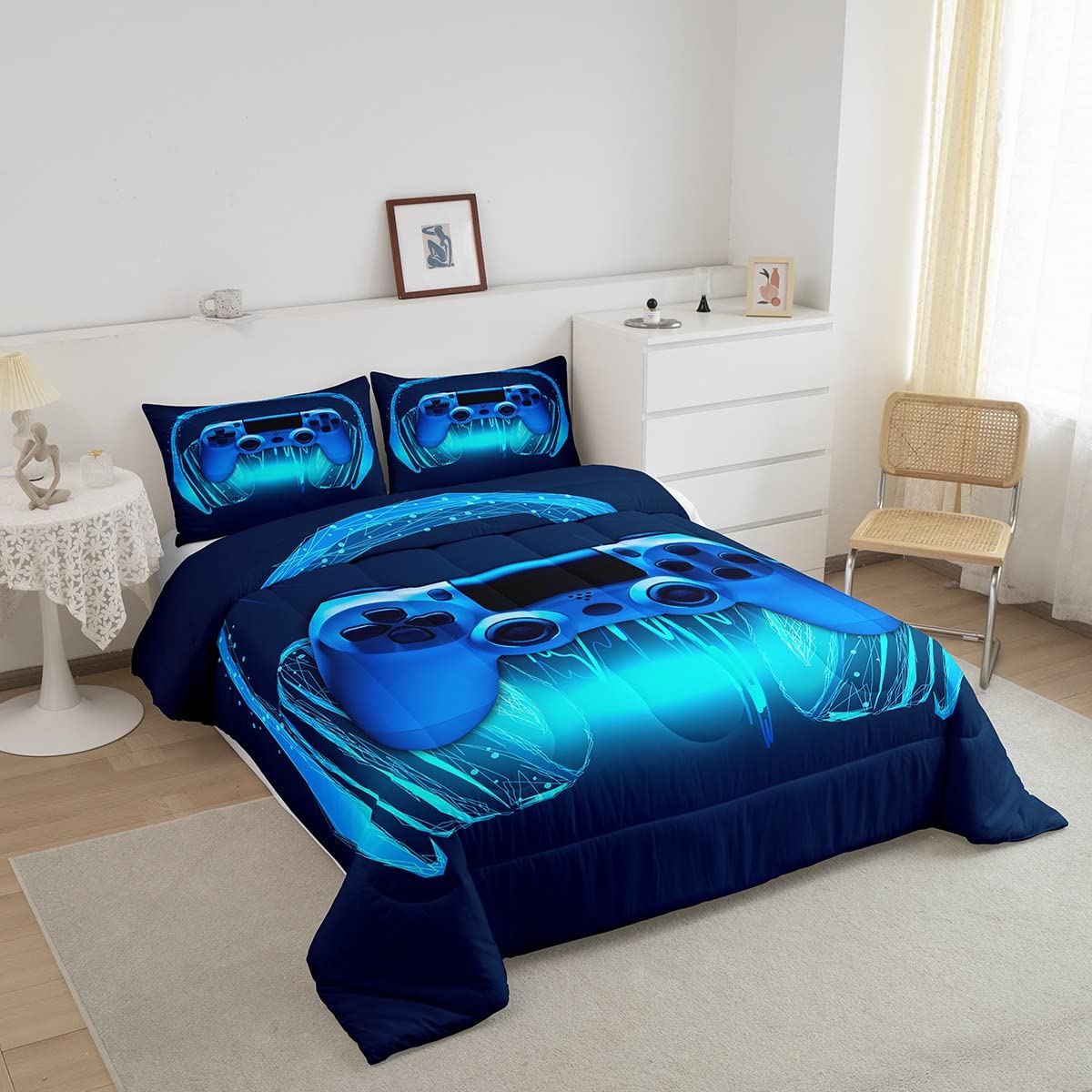Gamer Comforter Set Twin Size,Blue Headphones Musical Design Games Gamepad Bedding Set For Kids Boys Video Game Room Decor Retro