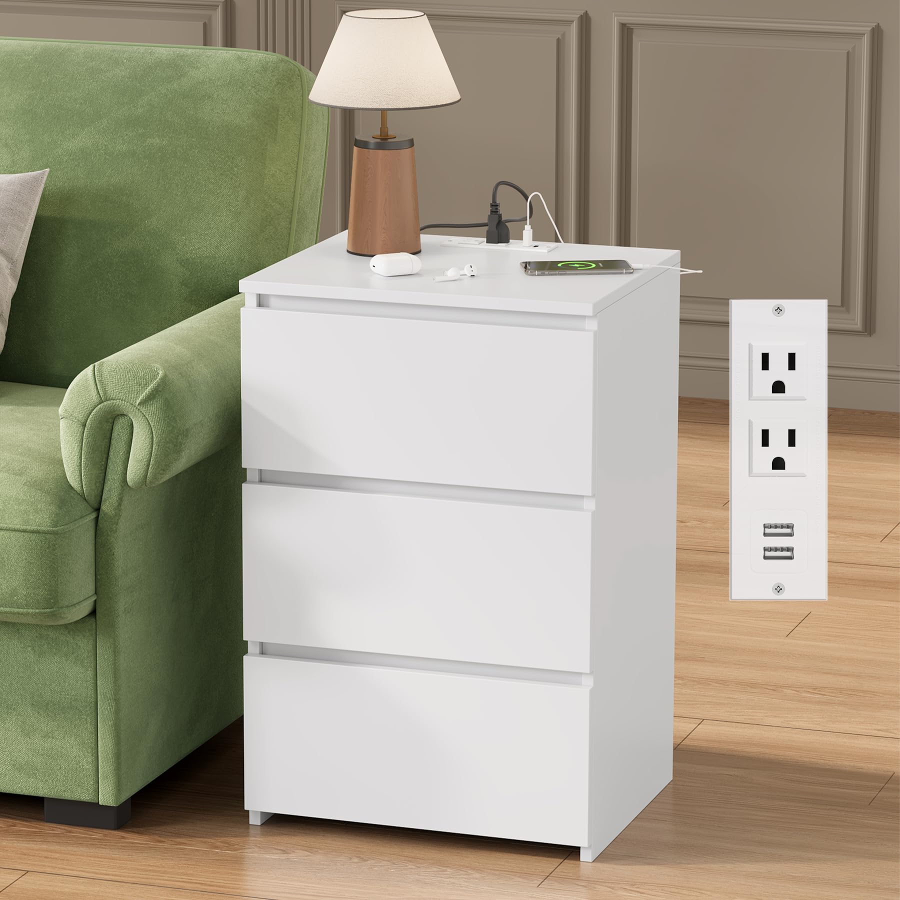 FOTOSOK White Nightstand, 26  H White Night Stand with Charging Station, White Nightstand with USB Ports & Power Outlets, Silent