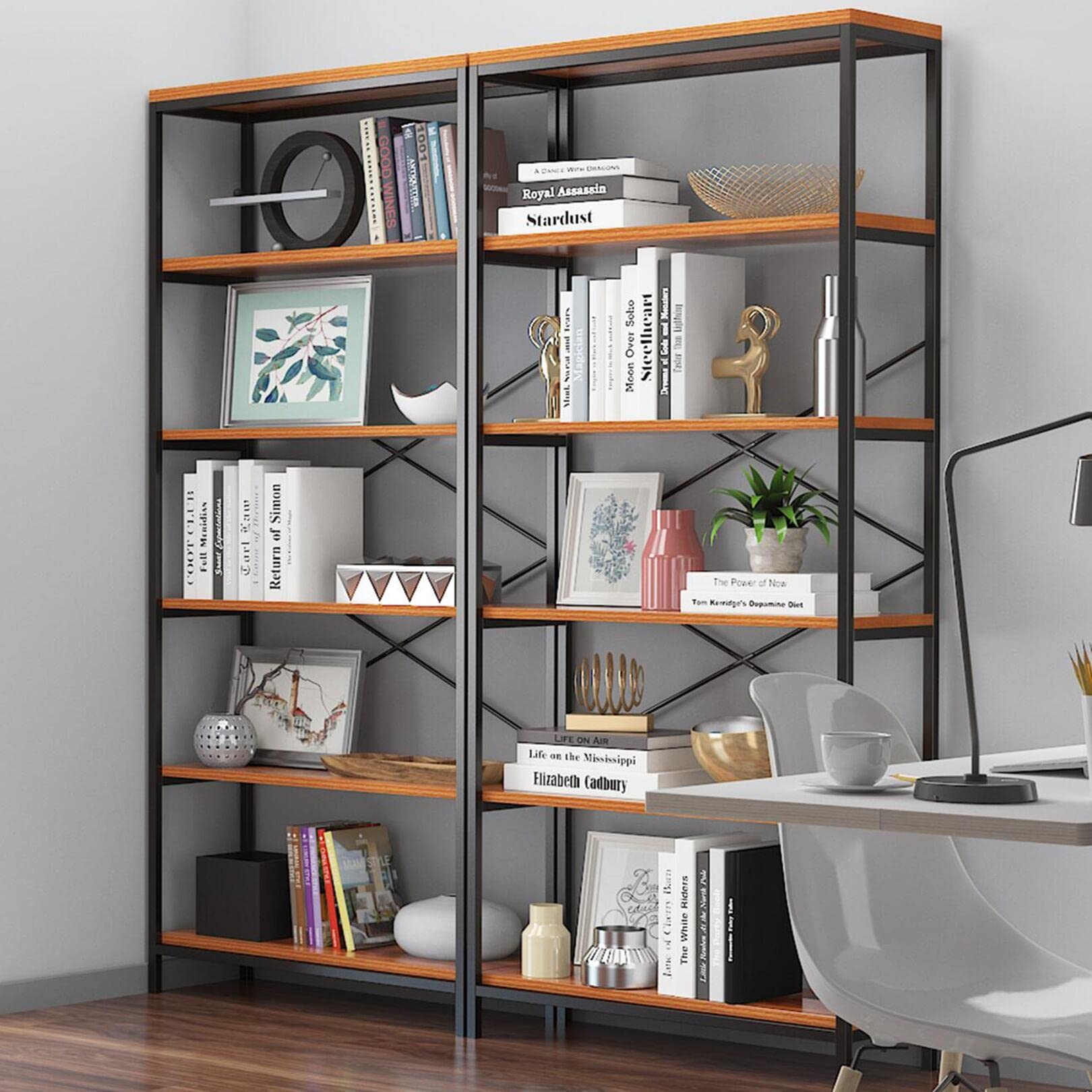 Himimi 6-Tier Bookshelf,Tall Bookcase Industrial Wood Storage Rack with Open Book Shelves,Modern Metal Standing Organizer,Vintag