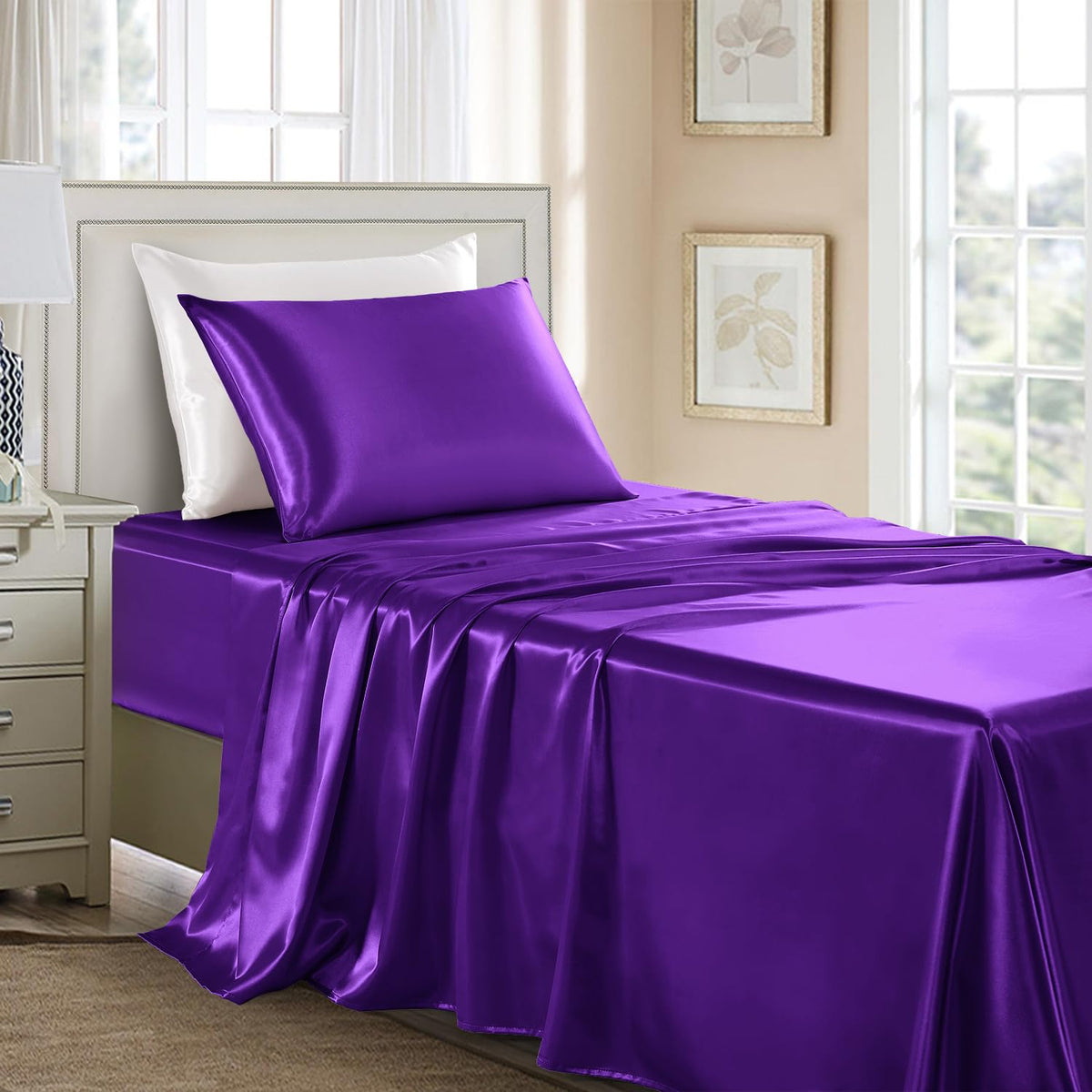 Golal Satin Sheets Twin Size - 3 Pieces Luxury Silky Soft Bed Sheets For Kids, Wrinkle-Free Dark Purple Satin Silk Sheet Set Wit