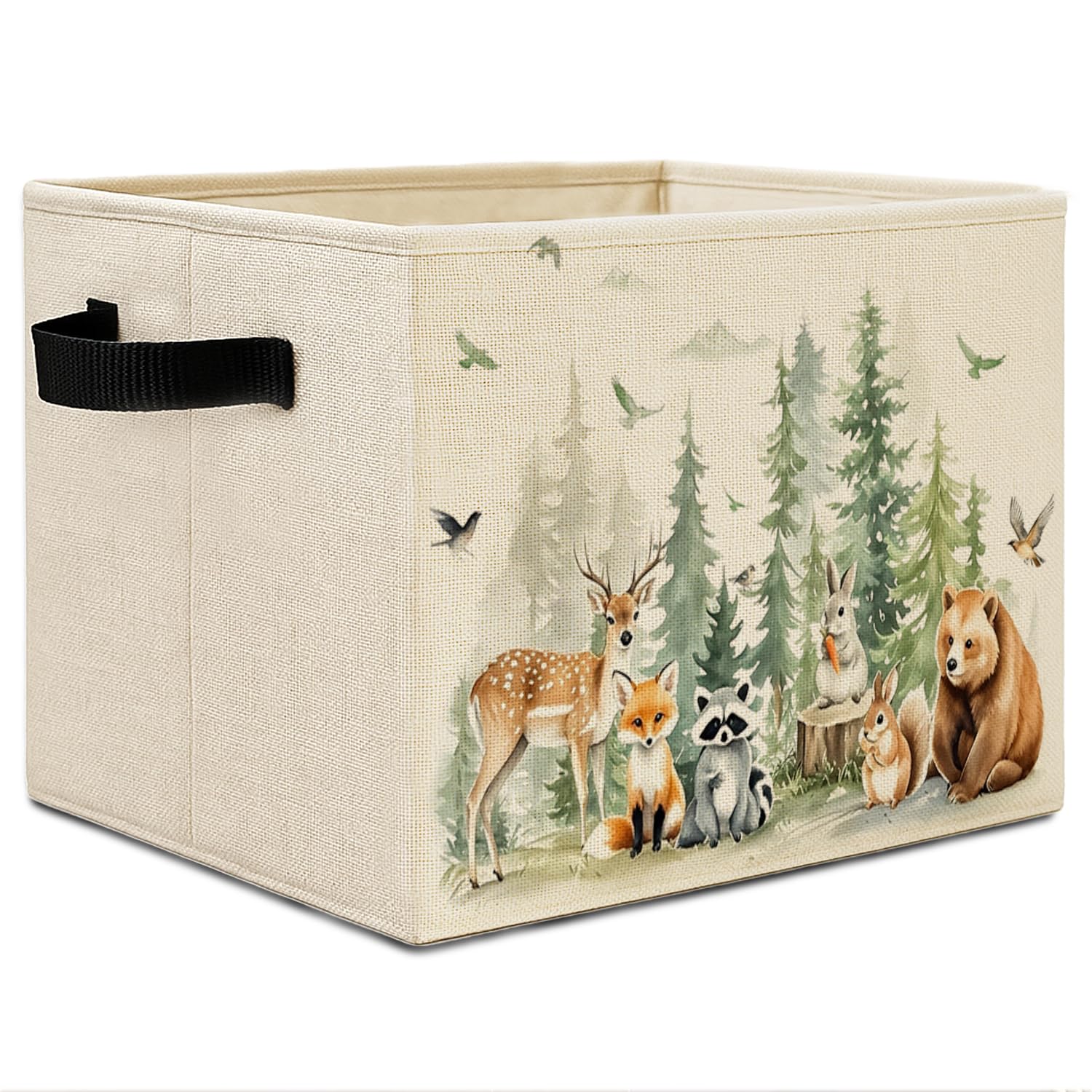 Elefeltclave Animal Forest Nursery Storage Bins, Watercolor Forest Animal Collapsible Storage Basket Organizer for Kids Room Bed