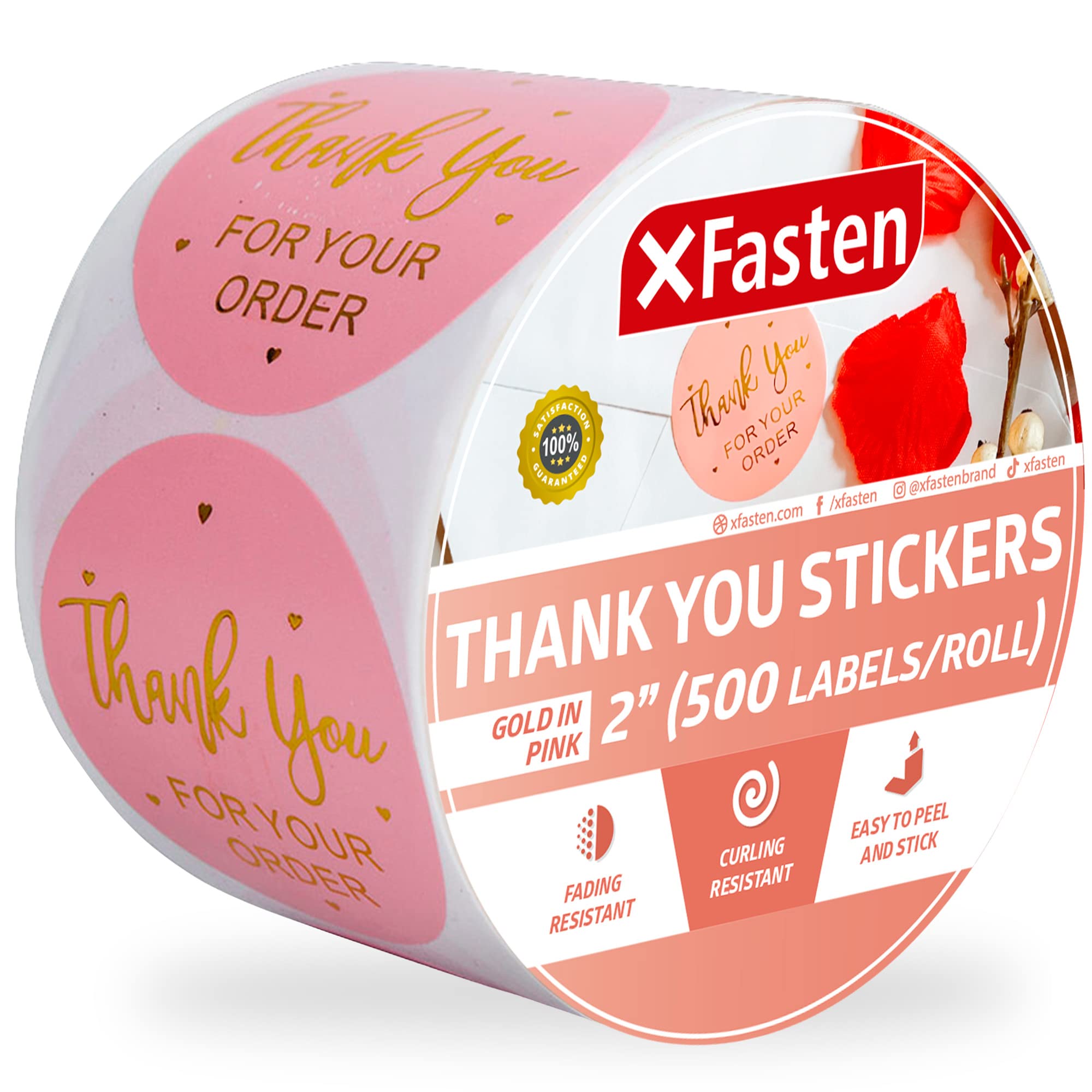 Xfasten Pink Thank You Stickers Roll For Small Business, 500 2-Inch Round Thank You Sticker Tags, Microwave-Safe Thank You Stick