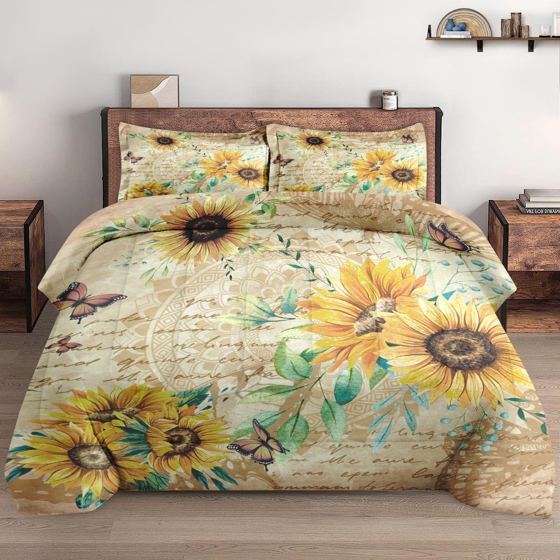 Wecozy Comforter Set Queen Size, Flower Rustic Thanksgiving Soft 3 Pcs Bedding Set With 2 Pillowcases For Kids And Adults, Sunfl