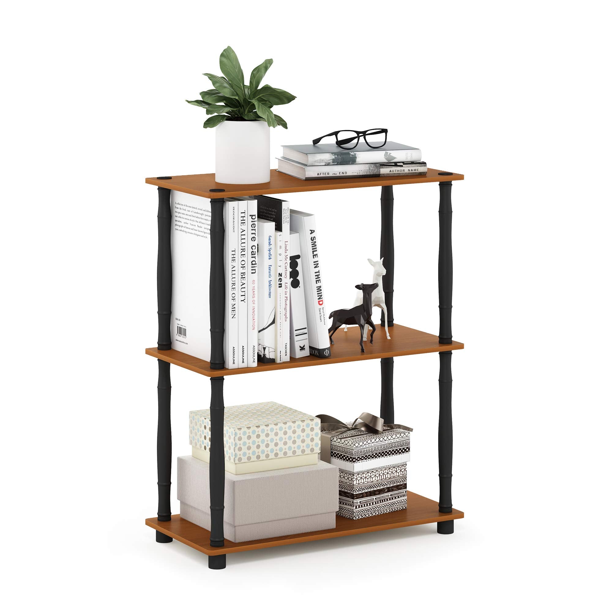 Furinno Turn-N-Tube 3-Tier Compact Multipurpose Shelf Display Rack With Classic Tube, Light Cherry/Black