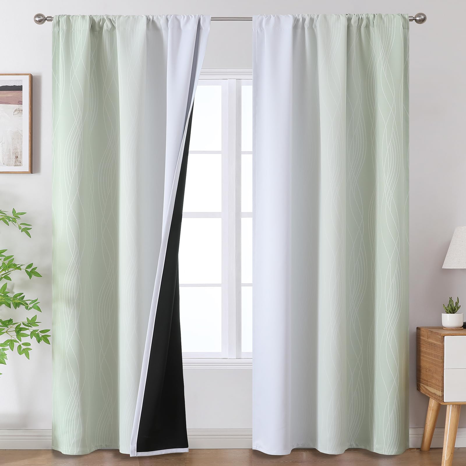 Estelar Textiler Sage Green And Greyish White Ombre Blackout Curtains 84 Inch Length 2 Panels, Full Room Darkening Rod Pocket Cu