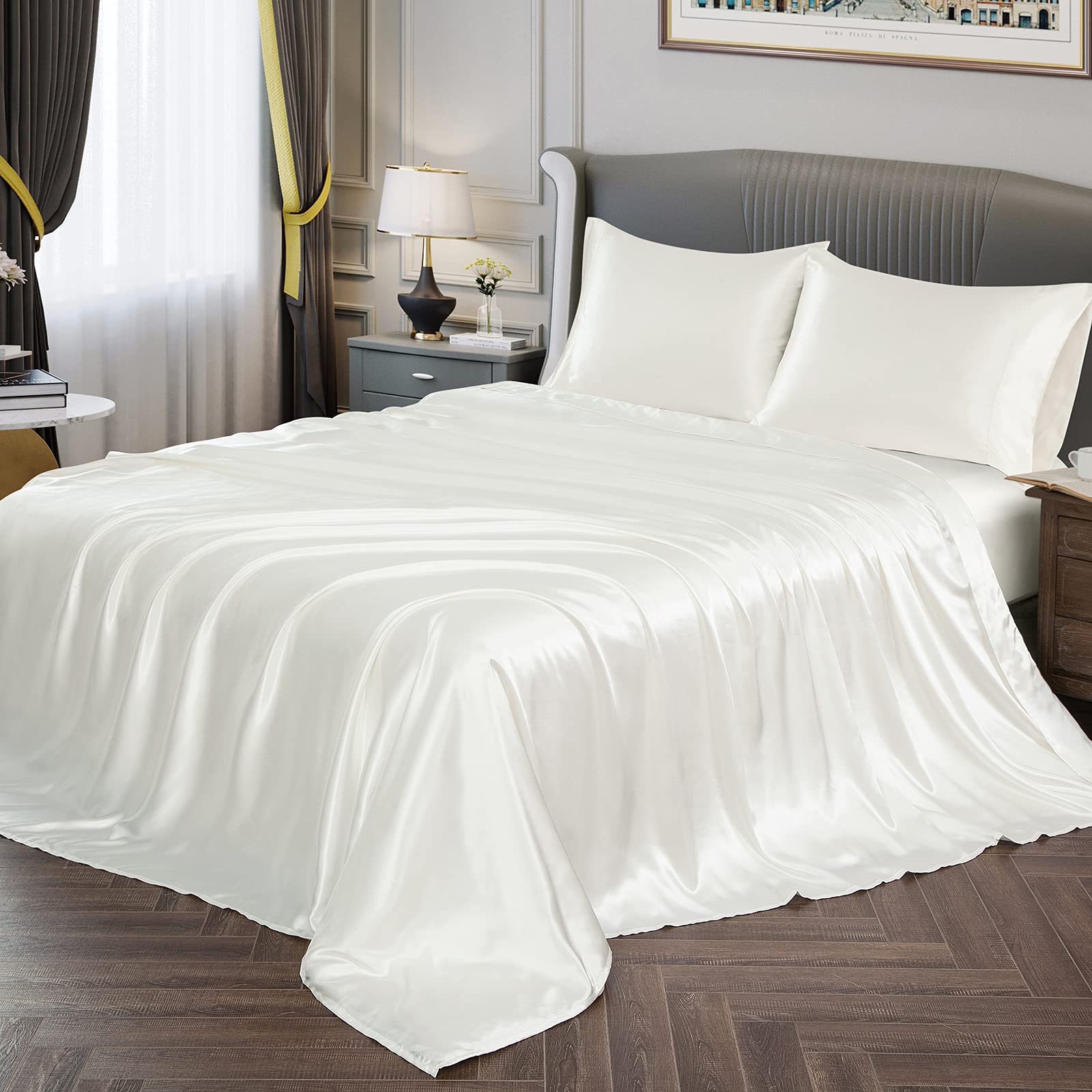 Vonty Satin Sheets Full Size Silky Soft Satin Bed Sheets Ivory White Satin Sheet Set, 1 Deep Pocket Fitted Sheet + 1 Flat Sheet
