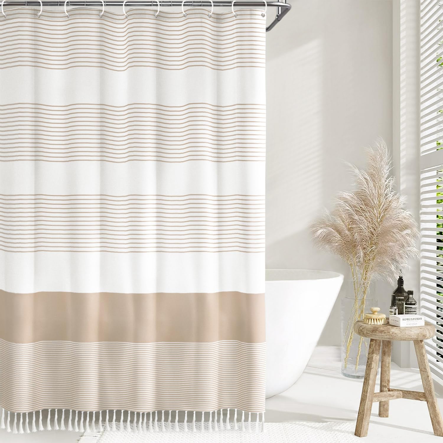 Awellife Boho Beige Shower Curtain For Bathroom Stripe Tassel Shower Curtain 36 X 72 Inches Farmhouse Linen