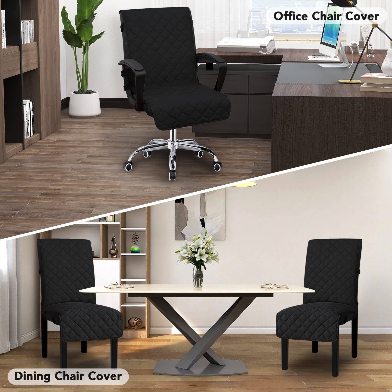 Easy-Going Reversible Office Chair Cover Water Resistant Dining Chair Cover Soft Desk Computer Chair Slipcover With Anti-Slip Buckle For Armchair Or Armless Chair (Medium, Black/Beige)