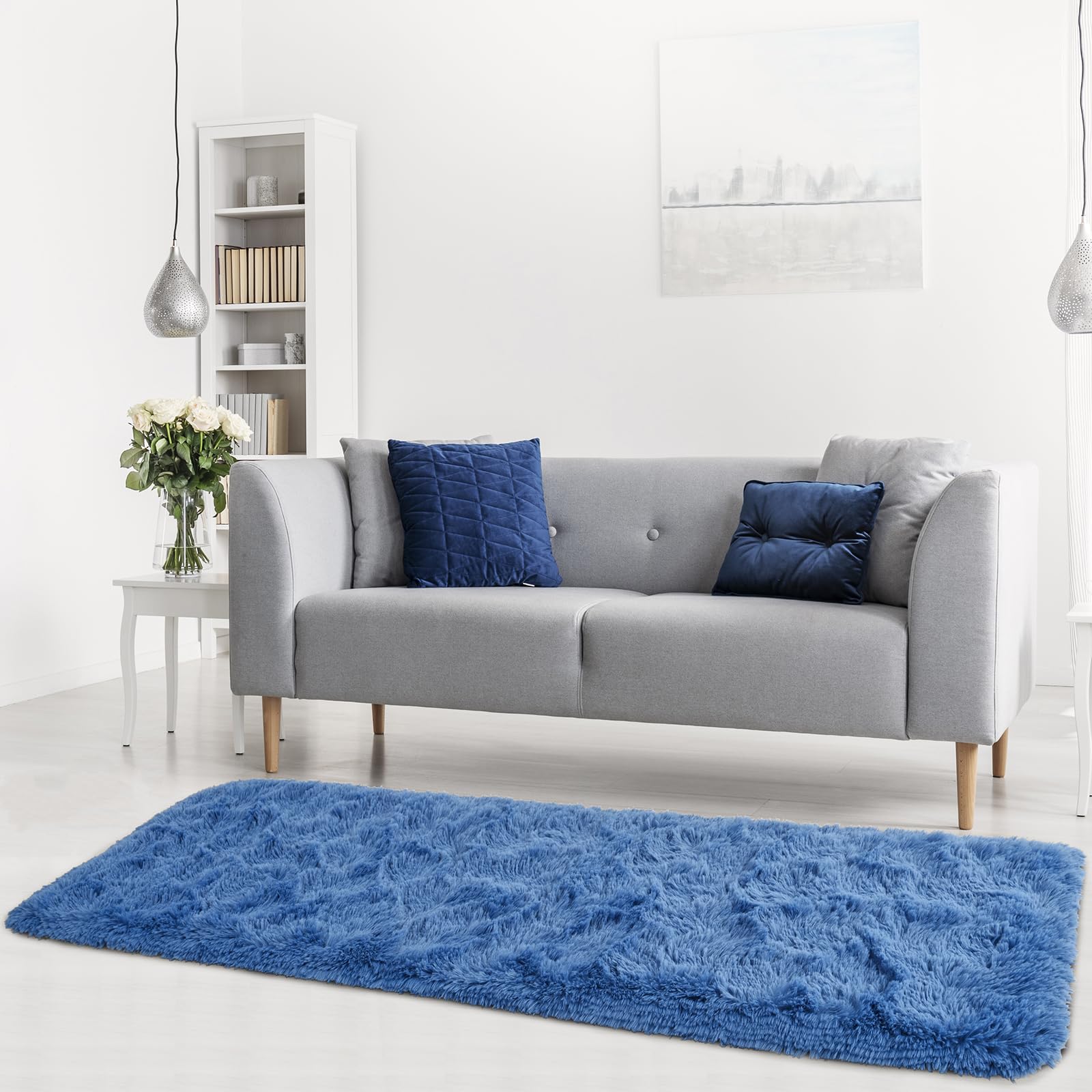 Terrug Fluffy Runner Rug For Bedroom Living Room, 2X6 Navy Area Rug Washable Shag Carpet, Super Soft Fuzzy Plush Non-Slip Cute M