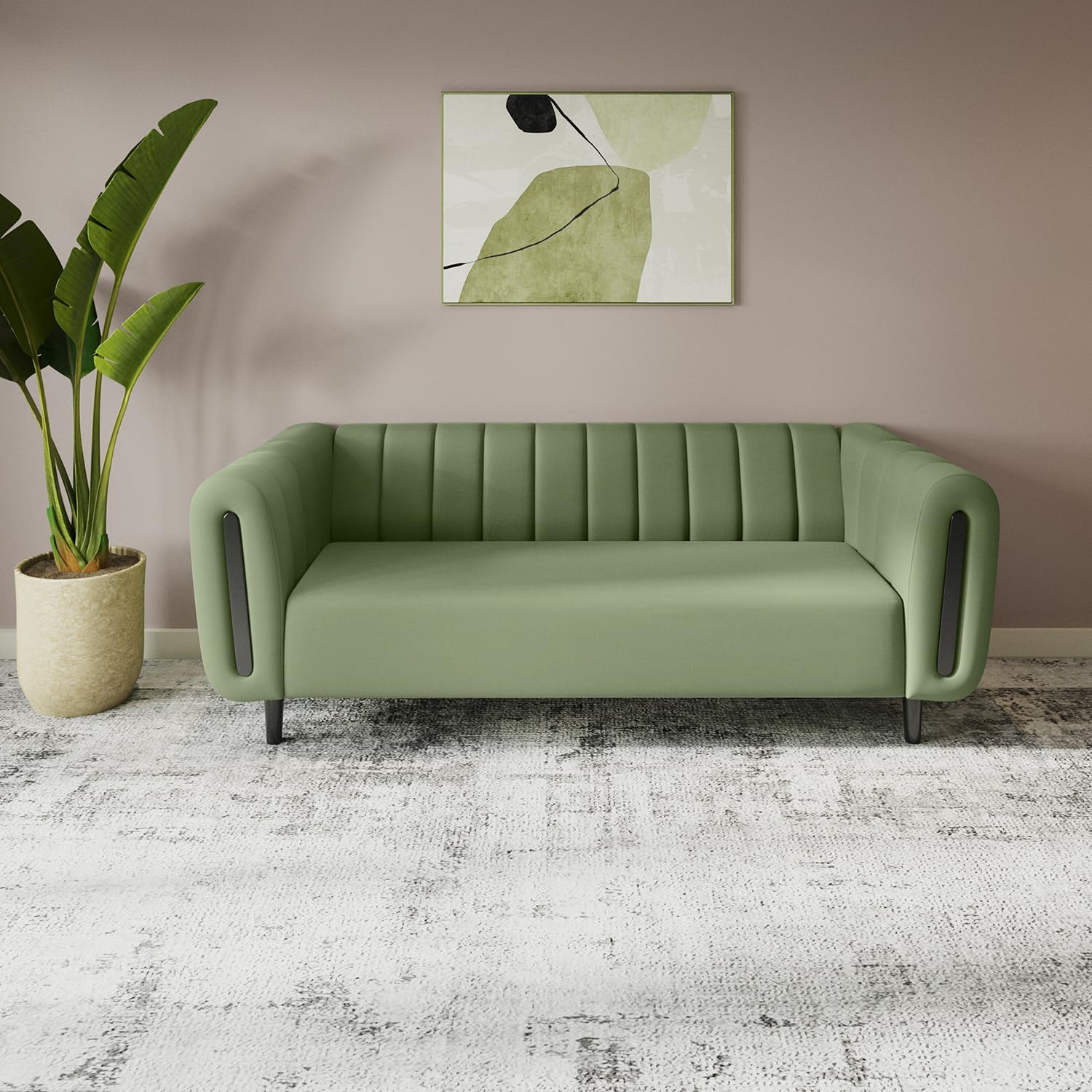 Godrej Interio Sofa Paramount 3 Seater Fabric Sofa For Living Room, 1Year Warranty, Solid Wood, Green