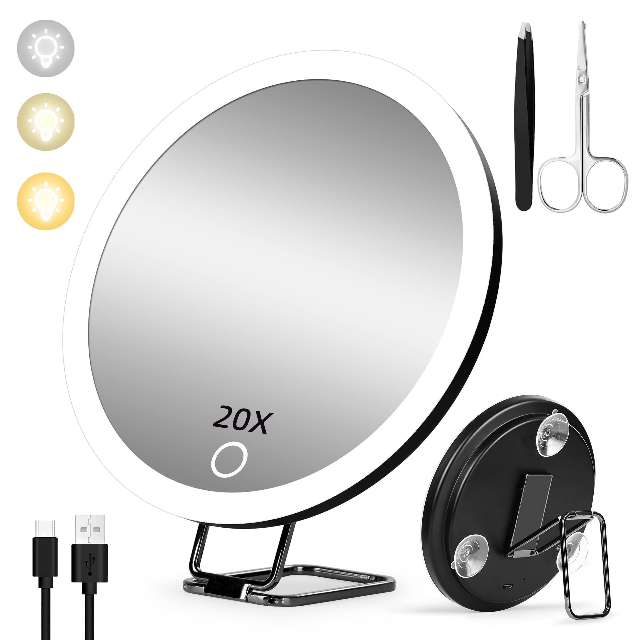 Suupvaor 20X Magnifying Mirror with Light, Large 6   Rechargeable 3 Colors Dimming Lighted Magnified Mirror with 3 Suction Cup