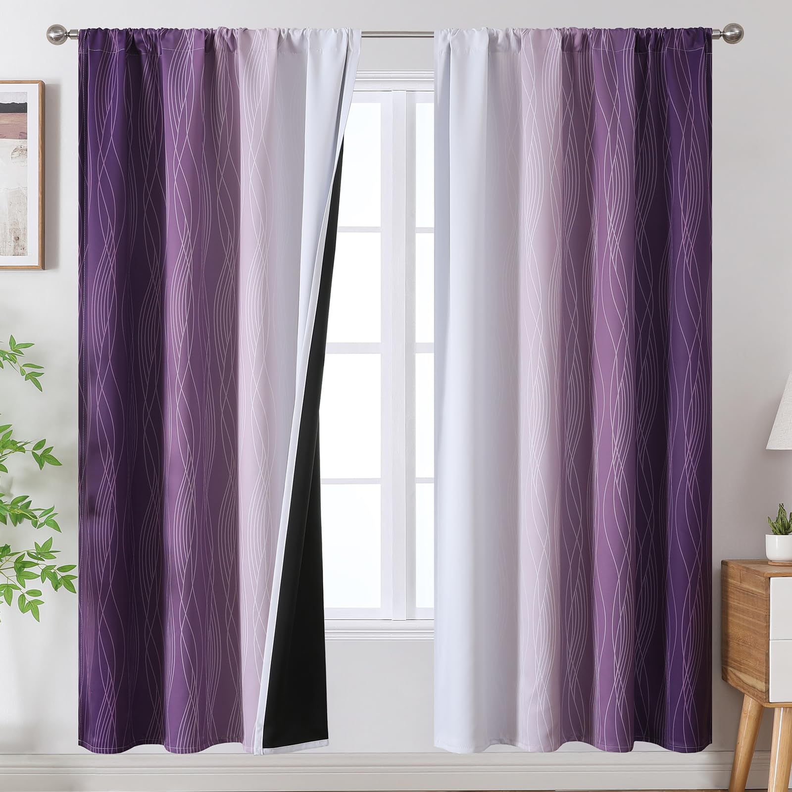 Estelar Textiler Rod Pocket Purple And Greyish White Blackout Curtains For Bedroom, Full Light Blocking Window Curtains For Livi