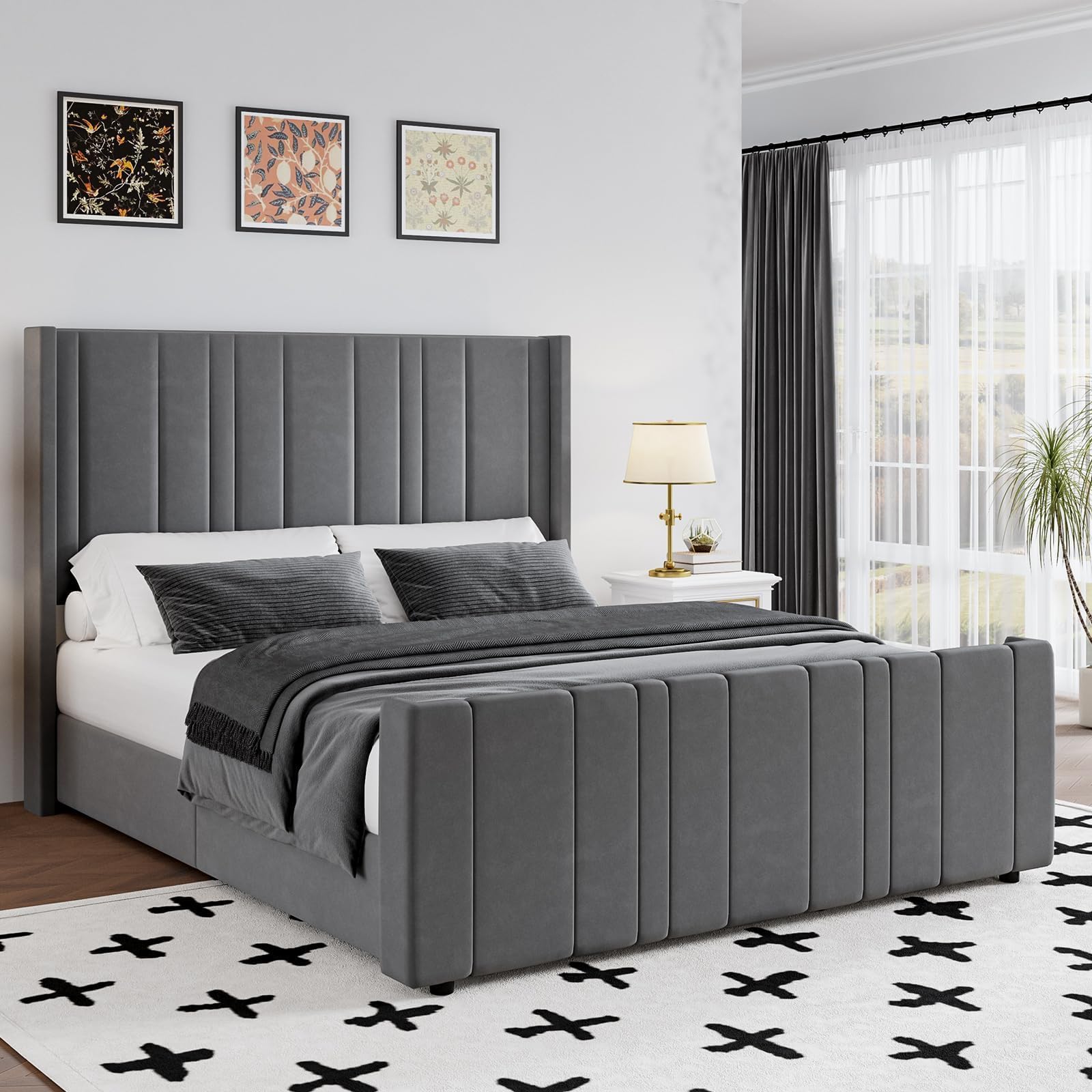 HOMBCK Queen Size Bed Frame with Headboard, Modern Velvet Upholstered Bed Frame with Vertical Channel Tufted Headboard & 22 Foot