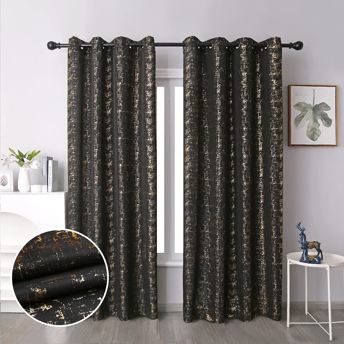 Taisier Home Gold Foil Print Linen Textured Curtains Geometric Dots Pattern Design Curtains for Bedroom Living Room Thermal Insu