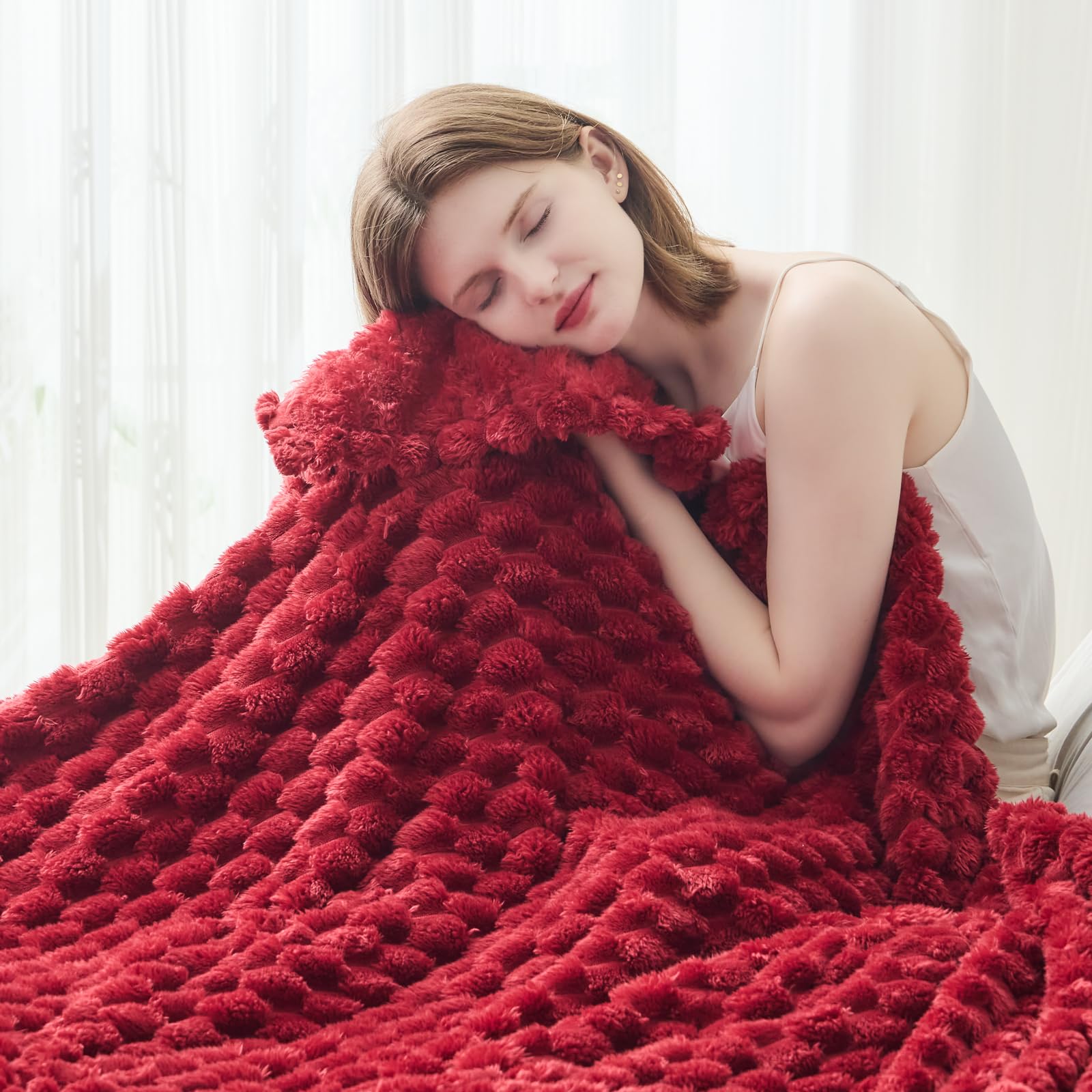 Newcosplay Super Soft Twin Blanket Red Premium Silky Flannel Fleece 3D Clouds Stylish Jacquard Lightweight Bed Blanket All Seaso