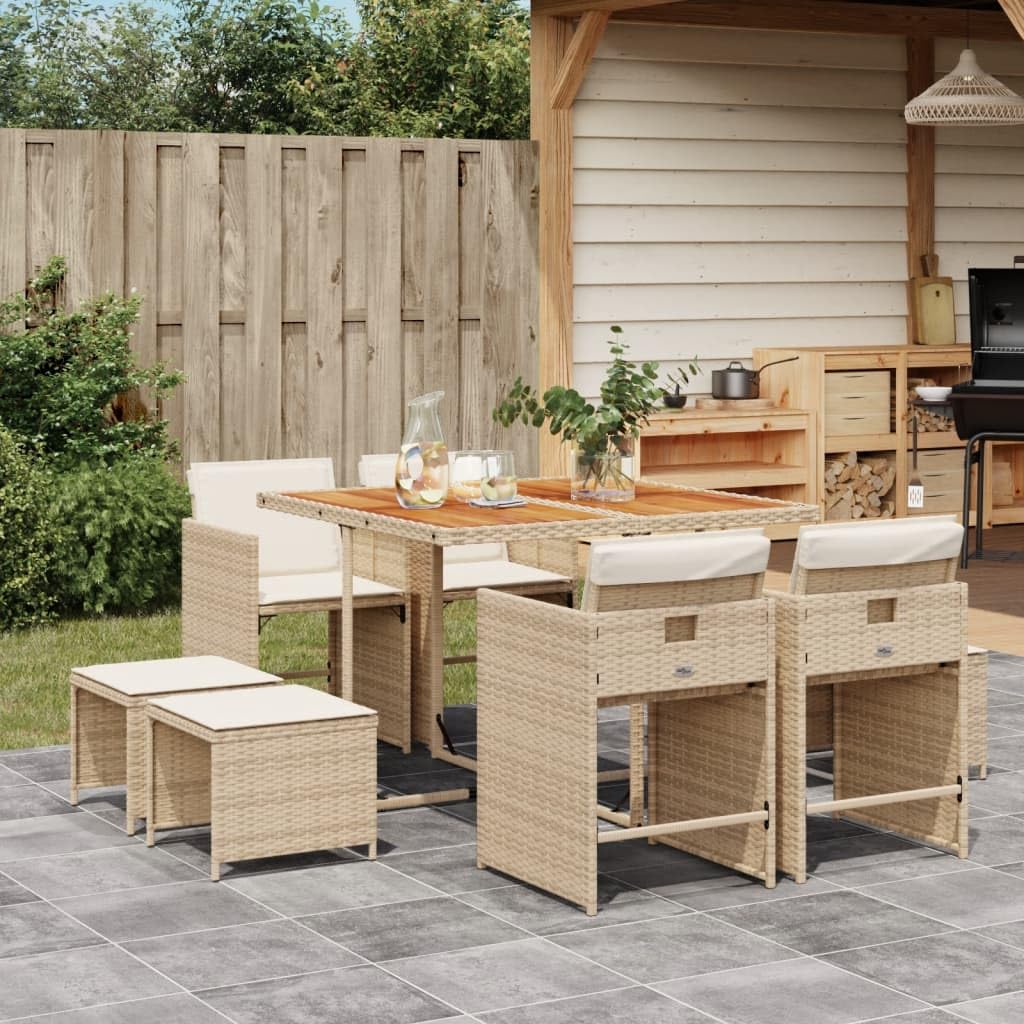 vidaXL Patio Dining Set with Cushions - 9 Piece - Beige Poly Rattan Garden/Outdoor Furniture - Space-Saving Foldable Chairs and Acacia Wood Tabletop