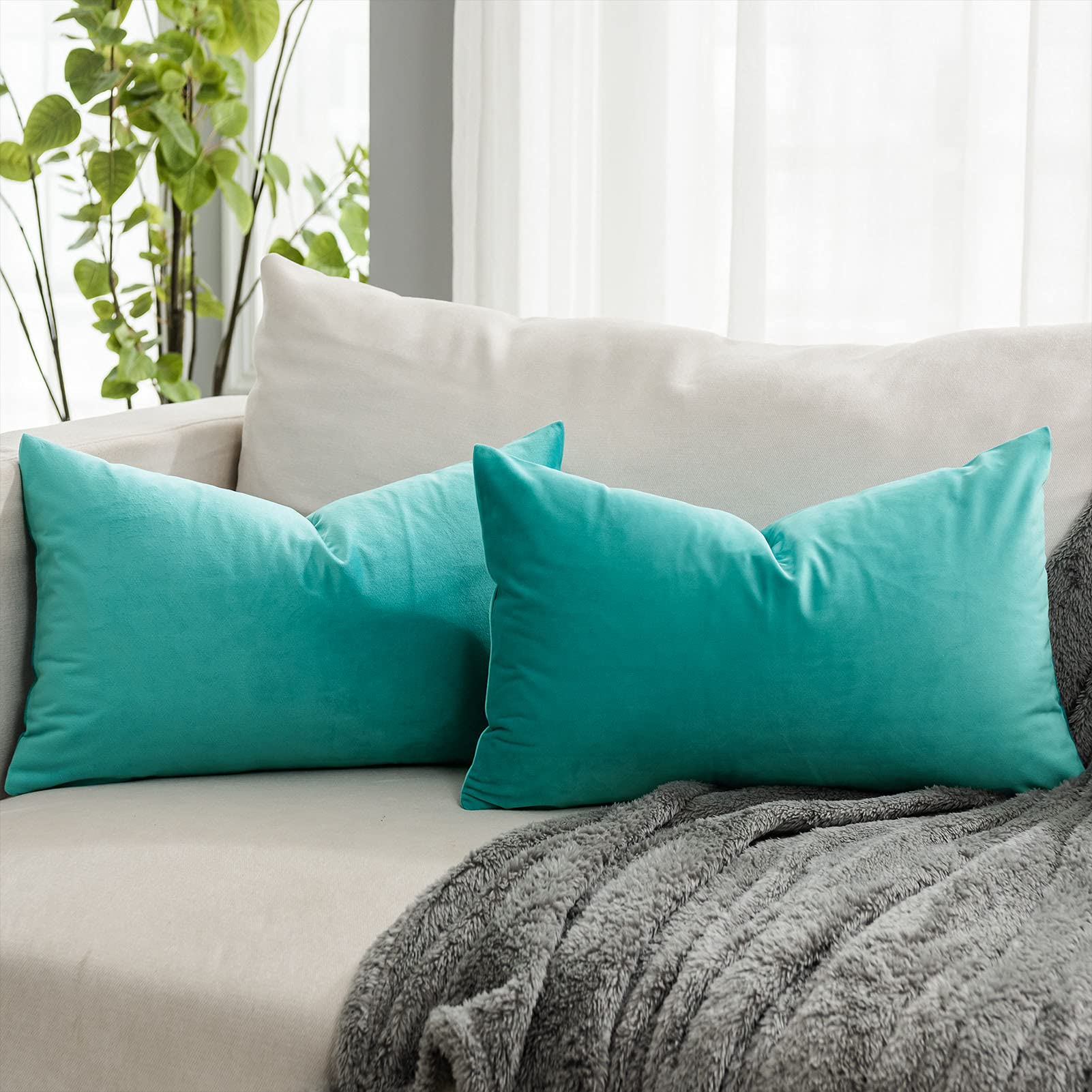 Quafoo Turquoise Decorative Lumbar Velvet Throw Pillow Covers 16X24 Inch Set Of 2 With Zipper Luxury Soft Solid Rectangle Cushio