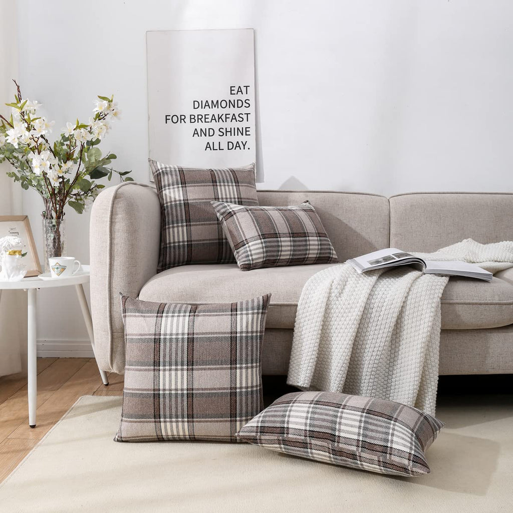 Carrie Home Brown Farmhouse Throw Pillow Covers 16X16 Set Of 2 Plaid Decorative Throw Pillows 16 X 16 For Spring Fall And Winter