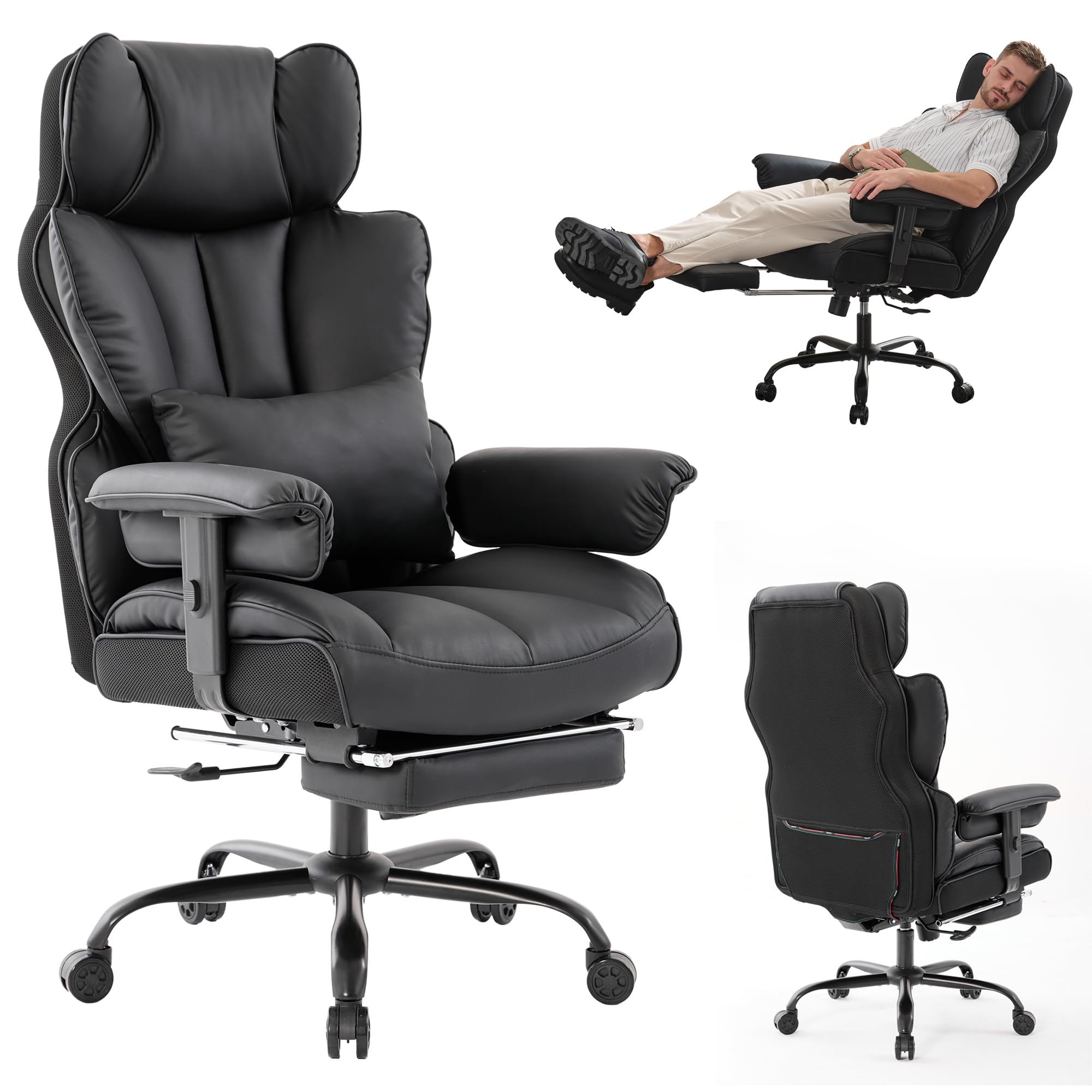 Gzagdecr Big and Tall Office Chair 400lbs,PU Leather High Back Gaming Chair with Foot Rest, Reclining Executive Ergonomic Office