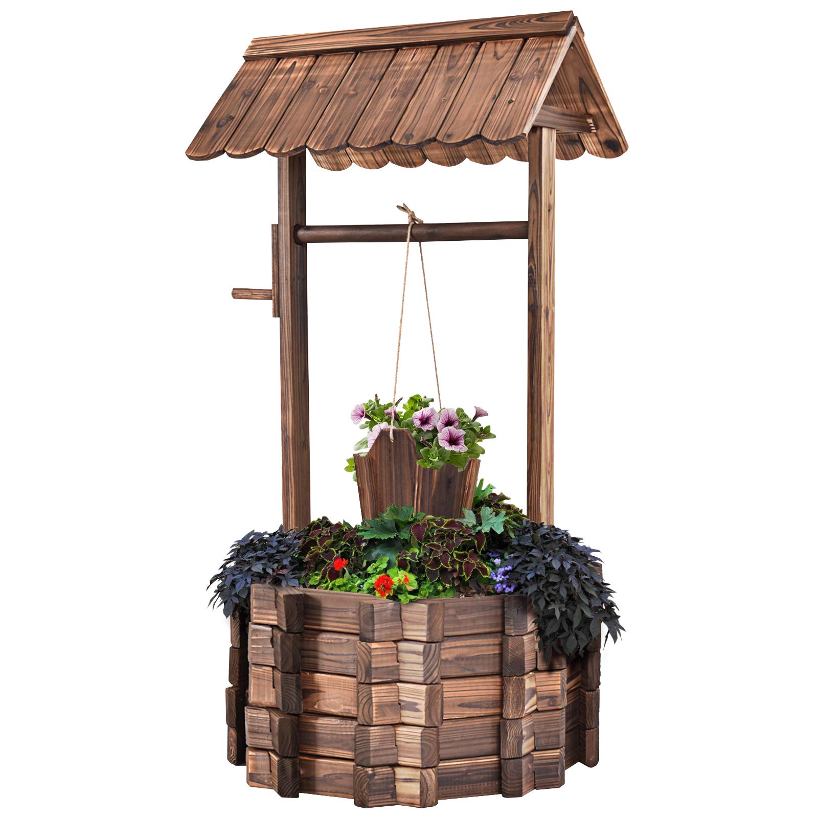 Giantex Rustic Wooden Wishing Well Planter With Hanging Bucket And Roof, Flower Plants Planter Wishing Wells For Outdoors Backya
