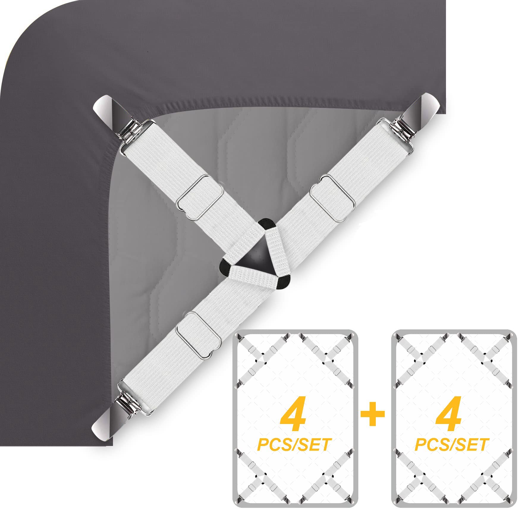 Ultrashang Bed Sheet Straps Fasteners: 2-Set White Elastic Triangle Adjustable Fitted Sheets Holder Clips Suspenders Grippers Fo