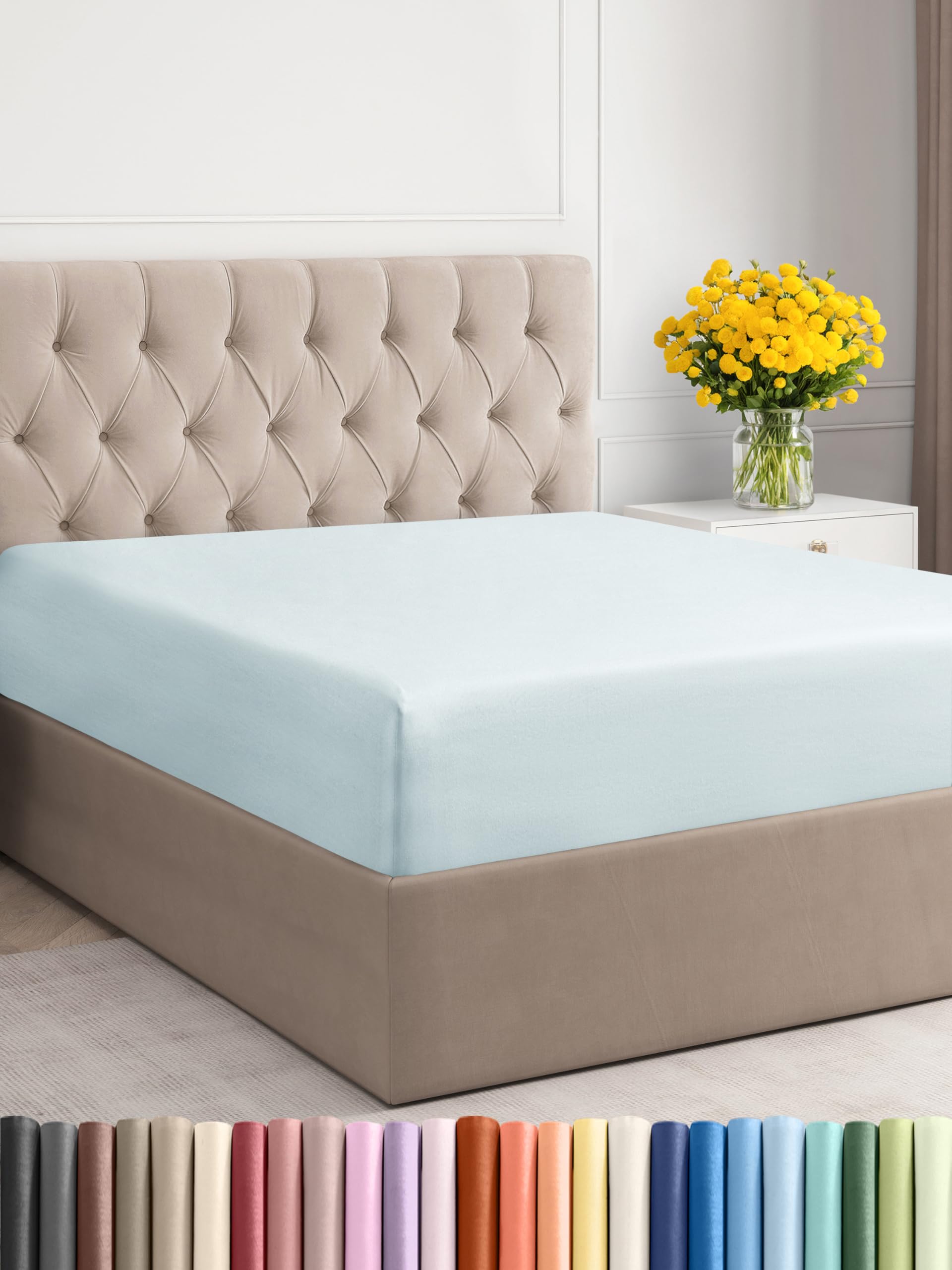Full Size Fitted Bed Sheet - Hotel Luxury Single Fitted Bottom Sheet Only - Fits Mattress Between 8 To 16 Inches - Deep Pockets, Extra Soft And Wrinkle Free - Easy-Fit, Breathable & Cooling - Ice Blue