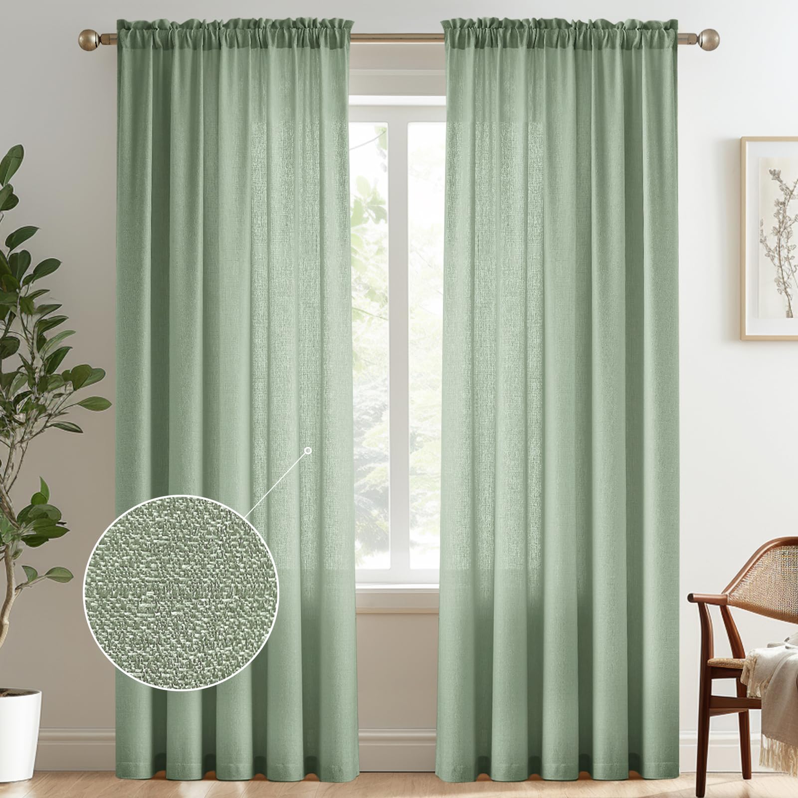 Melodieux Sage Green Semi Sheer Curtains 96 Inches Long for Living Room, Bedroom Faux Linen Texture Rod Pocket Privacy Sheer Dra