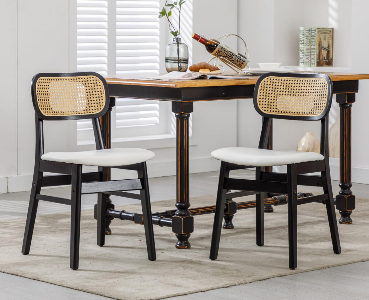 Shunzhi Rattan Dining Chairs Set Of 2 White Pu Leather Dining Room Chairs With Cane Back Mid Century Modern Farmhouse Kitchen Ch