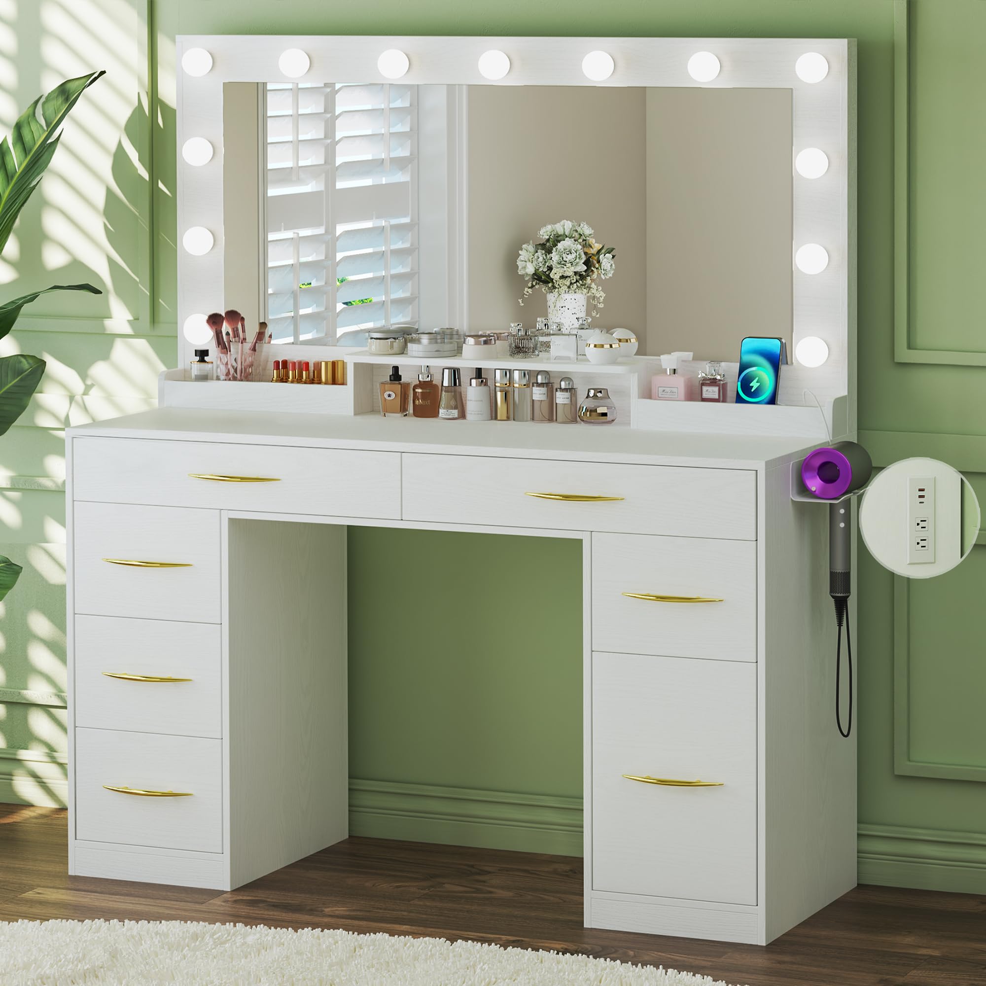 HUAHUU Vanity Desk with Mirror and Lights, Makeup Vanity with Large Mirror, White Vanity with 6 Drawers & 1 Cabinet & Power Outl