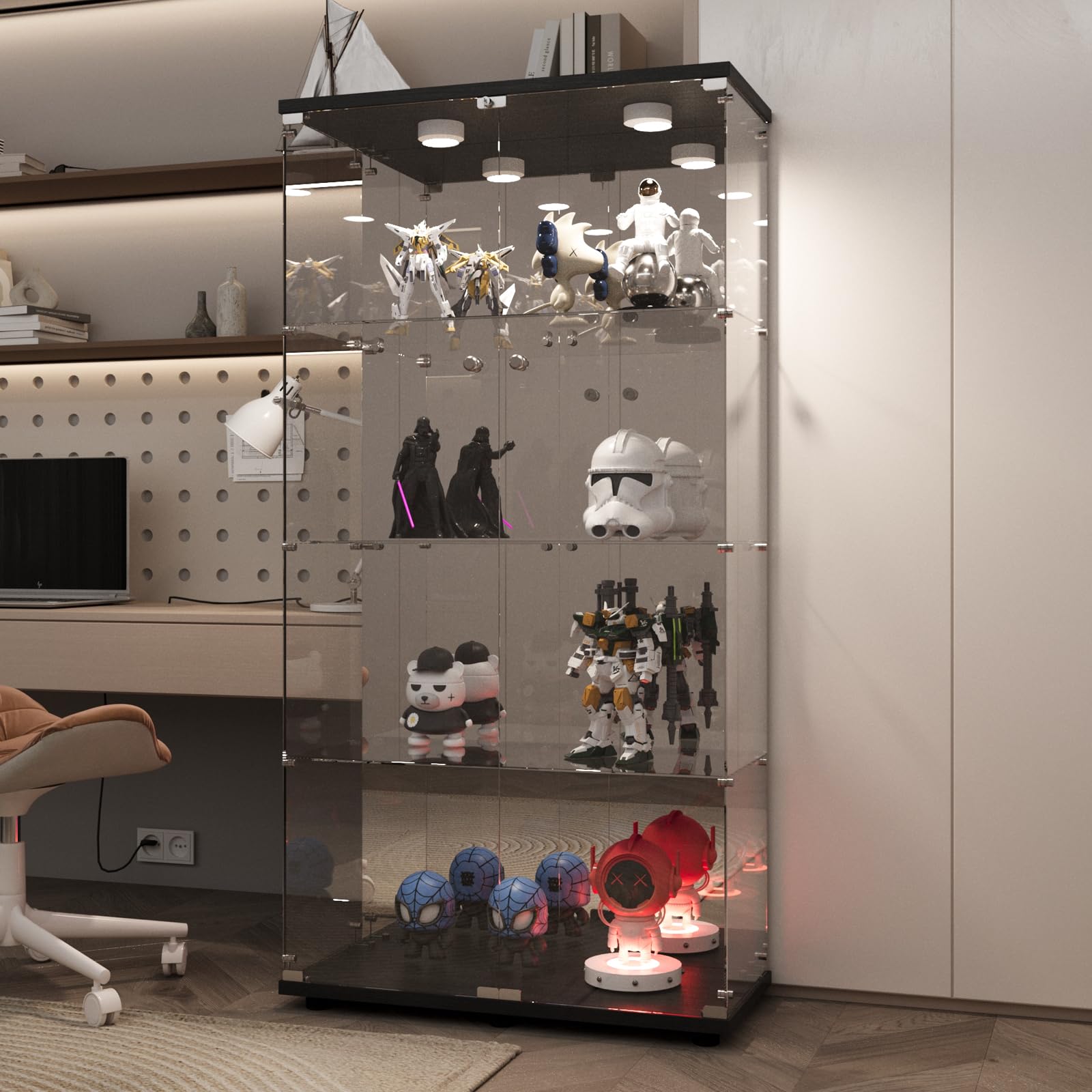 LFT HUIMEI2Y Glass Display Cabinet 4-Shelf with Light,Mirror and Lock, 2 Door Curio Cabinets, 5mm Tempered Glass Floor Standing 