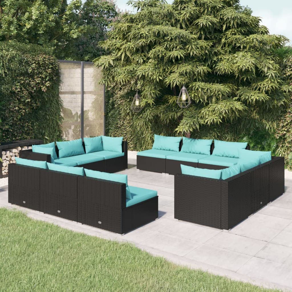 vidaXL 12-Piece Patio Lounge Set - Black Poly Rattan - Durable Steel Frame - Modular Design - Comfortable Outdoor Seating with Cushions - Easy Maintenance