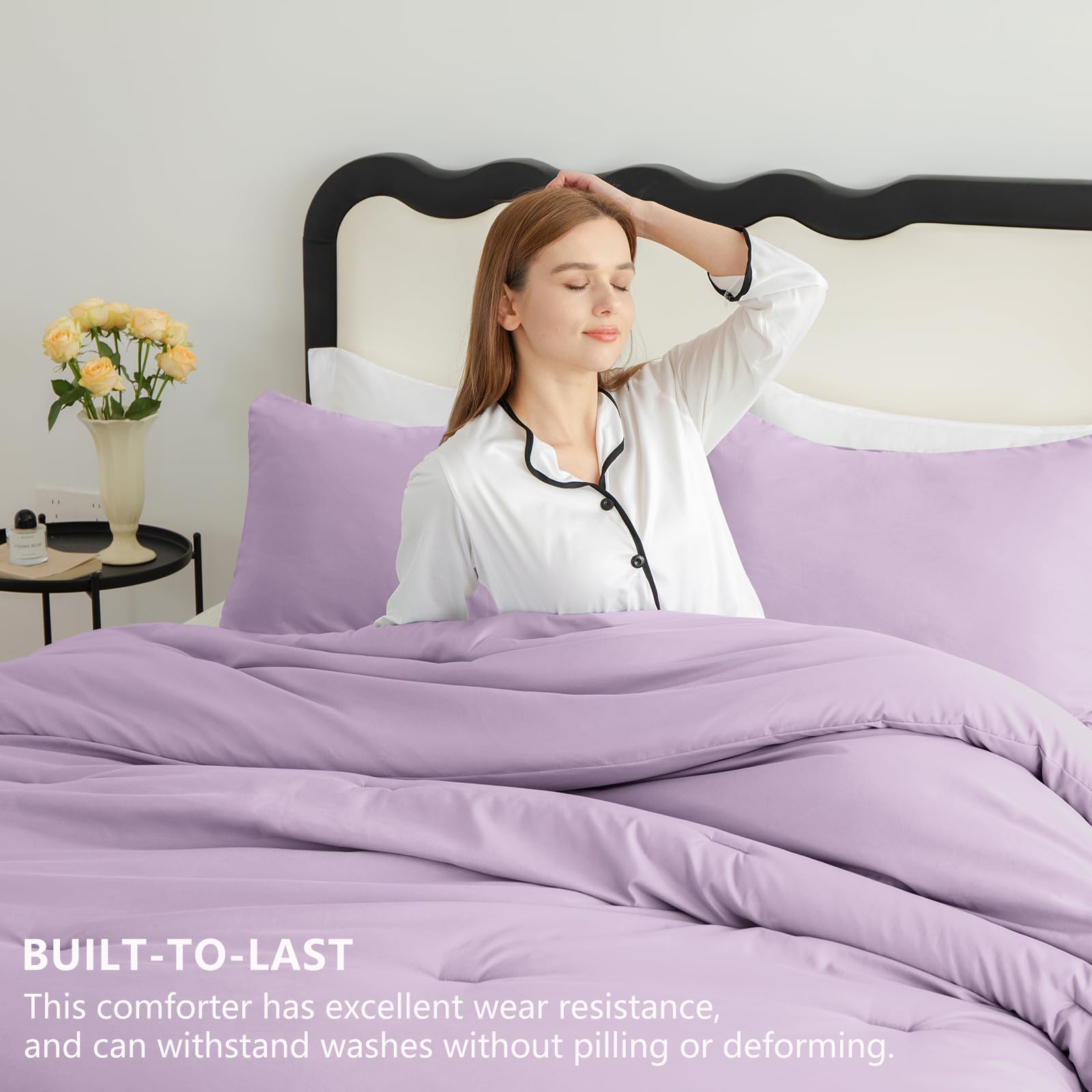 Cozylux Lavender Purple Comforter Set King Size, 3 Pieces Solid Breathable Quilted Boho Style Bedding Sets, Luxury Fluffy Soft Microfiber Comforter For All Season(1 Comforter & 2 Pillowcases)