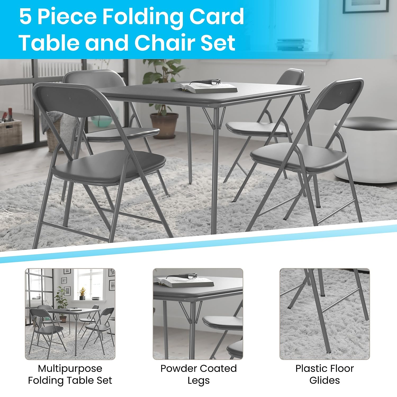 Flash Furniture Madison 5-Piece Folding Card Table and Chairs Set, Portable Event Table and Chairs Set for Indoor and Outdoor Gatherings, Gray