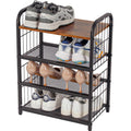 BWOORACKU Shoe Rack, 4-Tier Shoe Organizer with Guardrails, Heavy-Duty Metal Mesh Shelves & Rustic Wooden Top for Stylish Closet