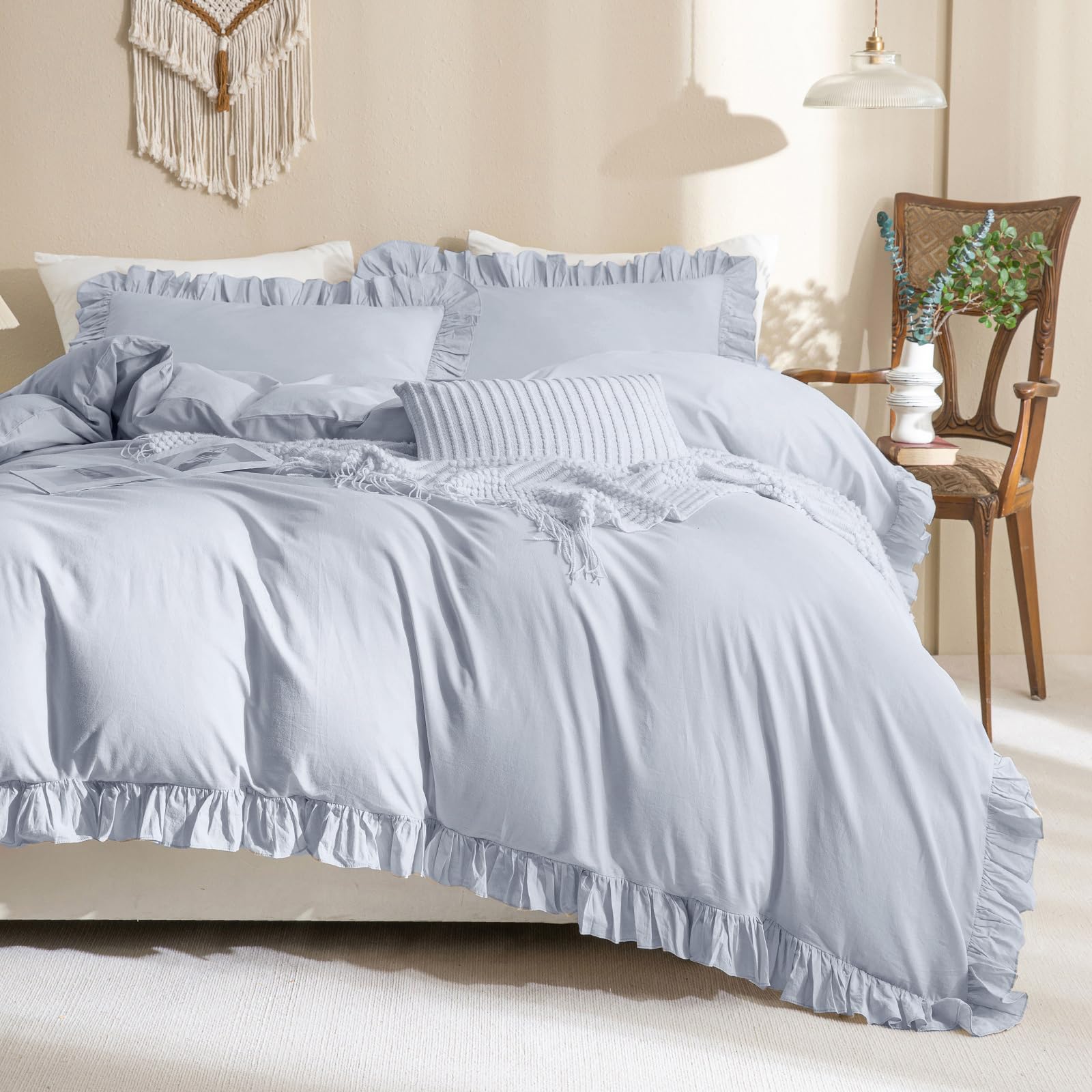 Qsh 100% Washed Cotton Ruffle Duvet Cover King Size,3 Pieces Cornflower Blue Farmhouse Vintage Shabby Comforter Cover Linen Feel