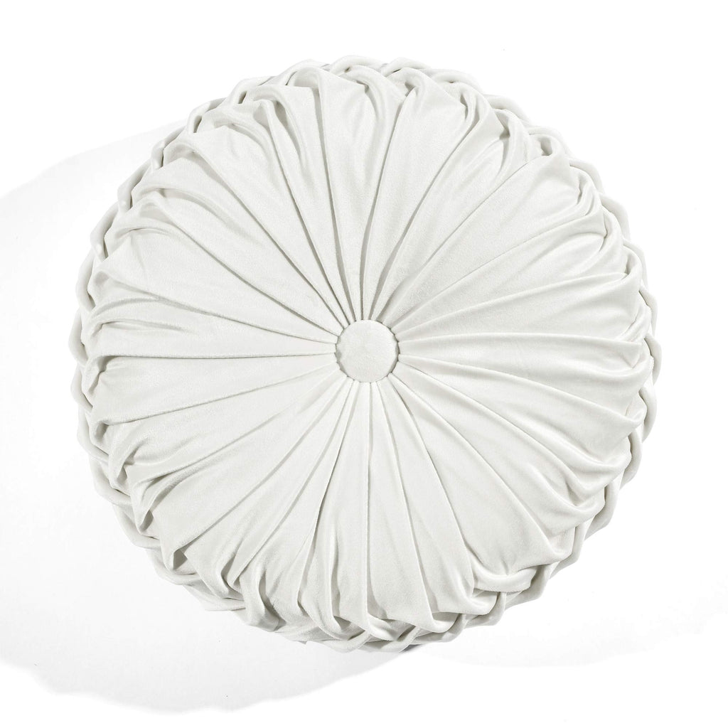 Lush Decor Round Pleated Soft Velvet Decorative Throw Pillow, 1 Count, 15' Diameter, White - Plush Round Pillow, Seat Cushion,