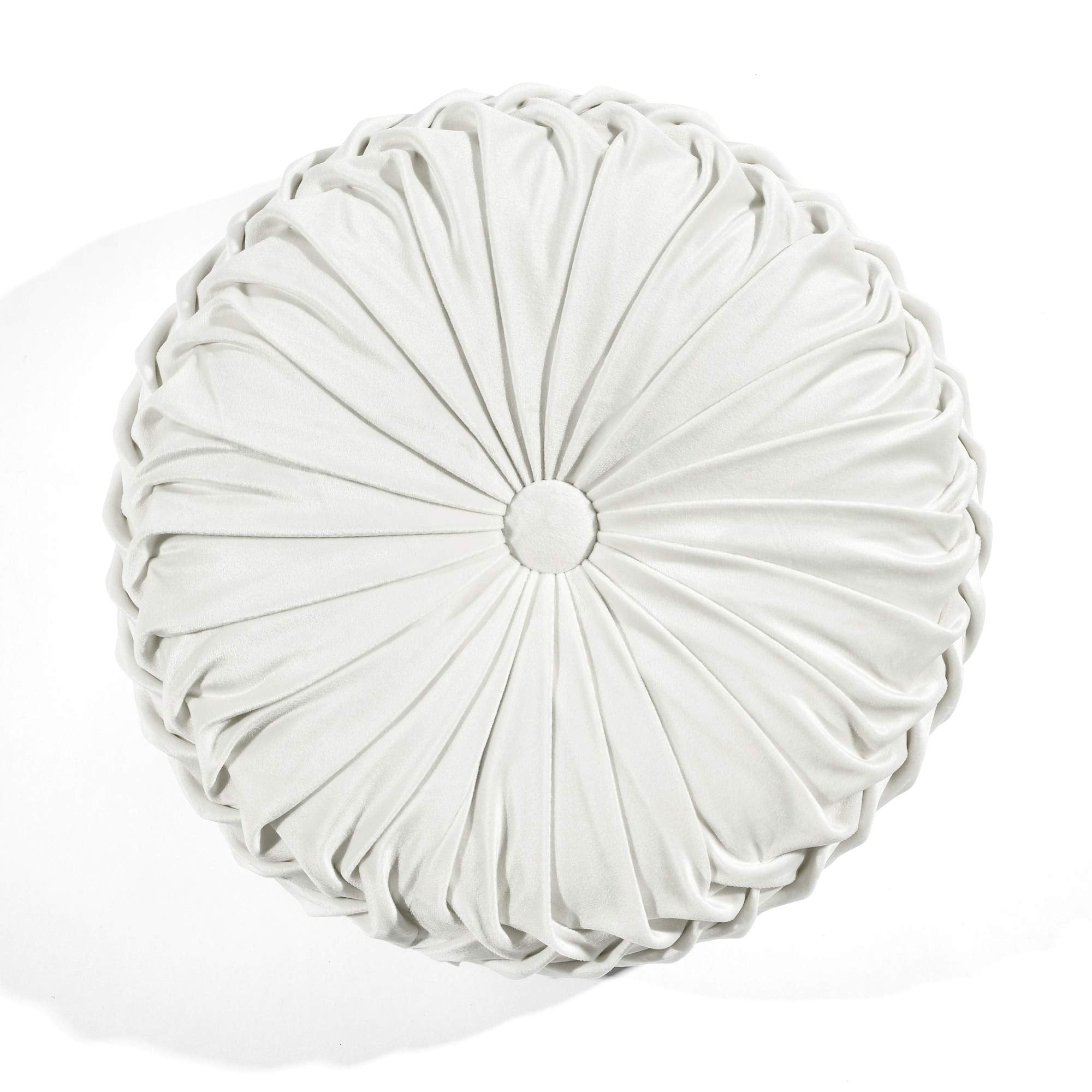 Lush Decor Round Pleated Soft Velvet Decorative Throw Pillow, 1 Count, 15' Diameter, White - Plush Round Pillow, Seat Cushion,