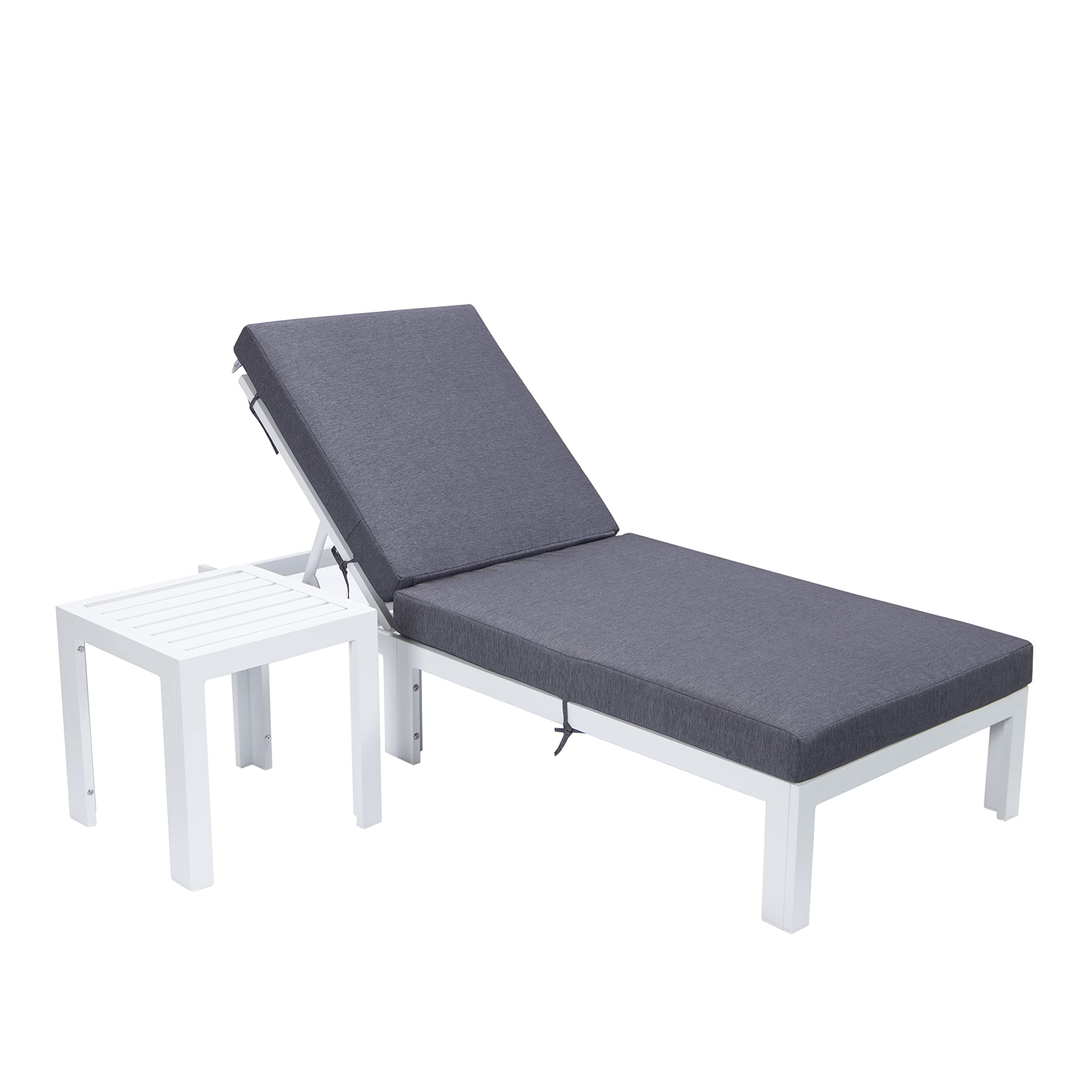 LeisureMod Modern White Aluminum Outdoor Chaise Lounge Patio Chair with Side Table & Cushions, Blue