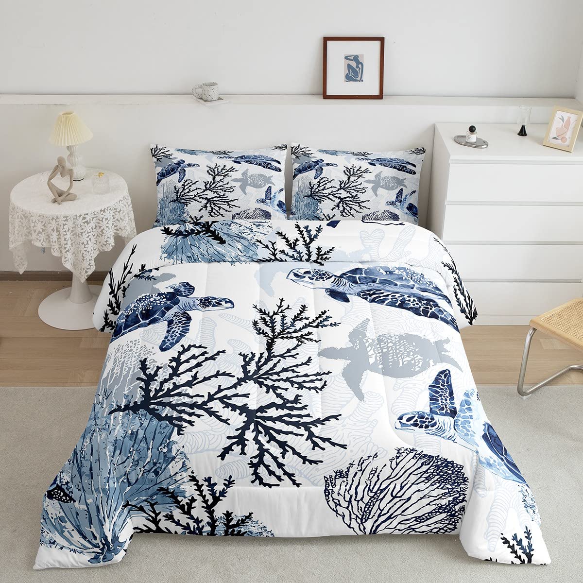 Turtle Comforter Set Queen,White Blue Hawaiian Turtle Bedding for Kids,Reptile Tortoise Quilt Duvet Set Coastal Beach Theme Comf